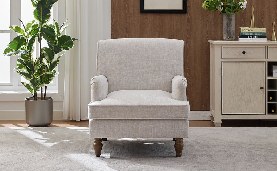 Benton Upholstered Linen Fabric Armchair with Antique Solid Wood Legs