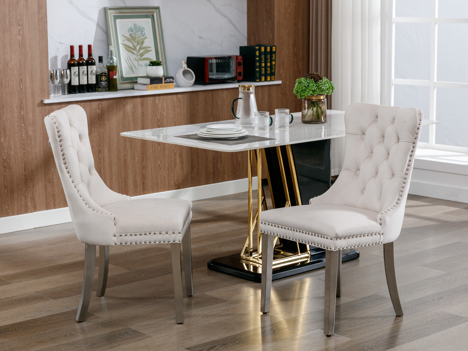 Rosewick Modern Tufted Velvet Nailhead Trim Solid Wood Upholstered Dining Chair with Chrome Stainless Steel Plating Legs, Set of 2