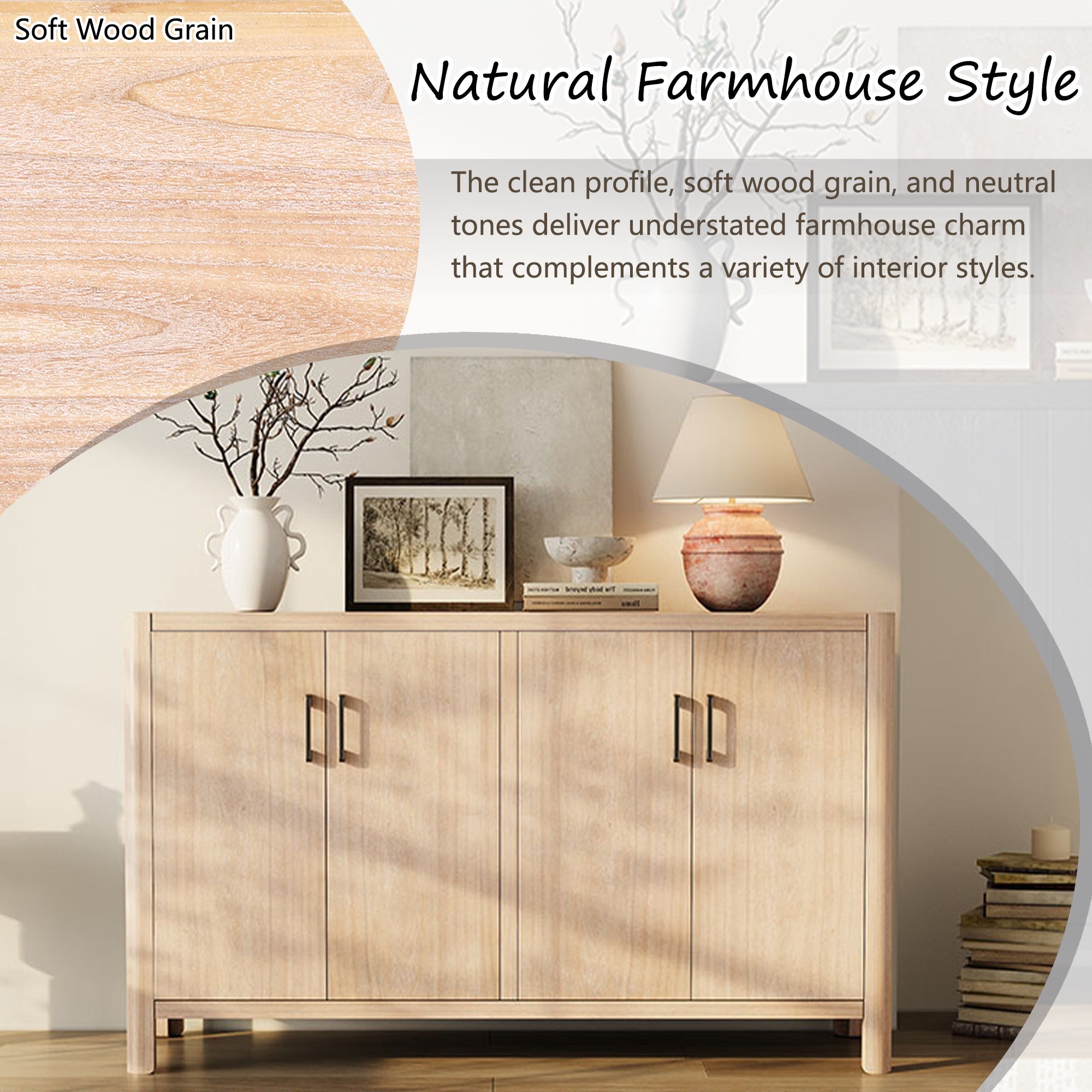 Farmhouse Style 4-Door Cabinet with Natural Distressed Finish