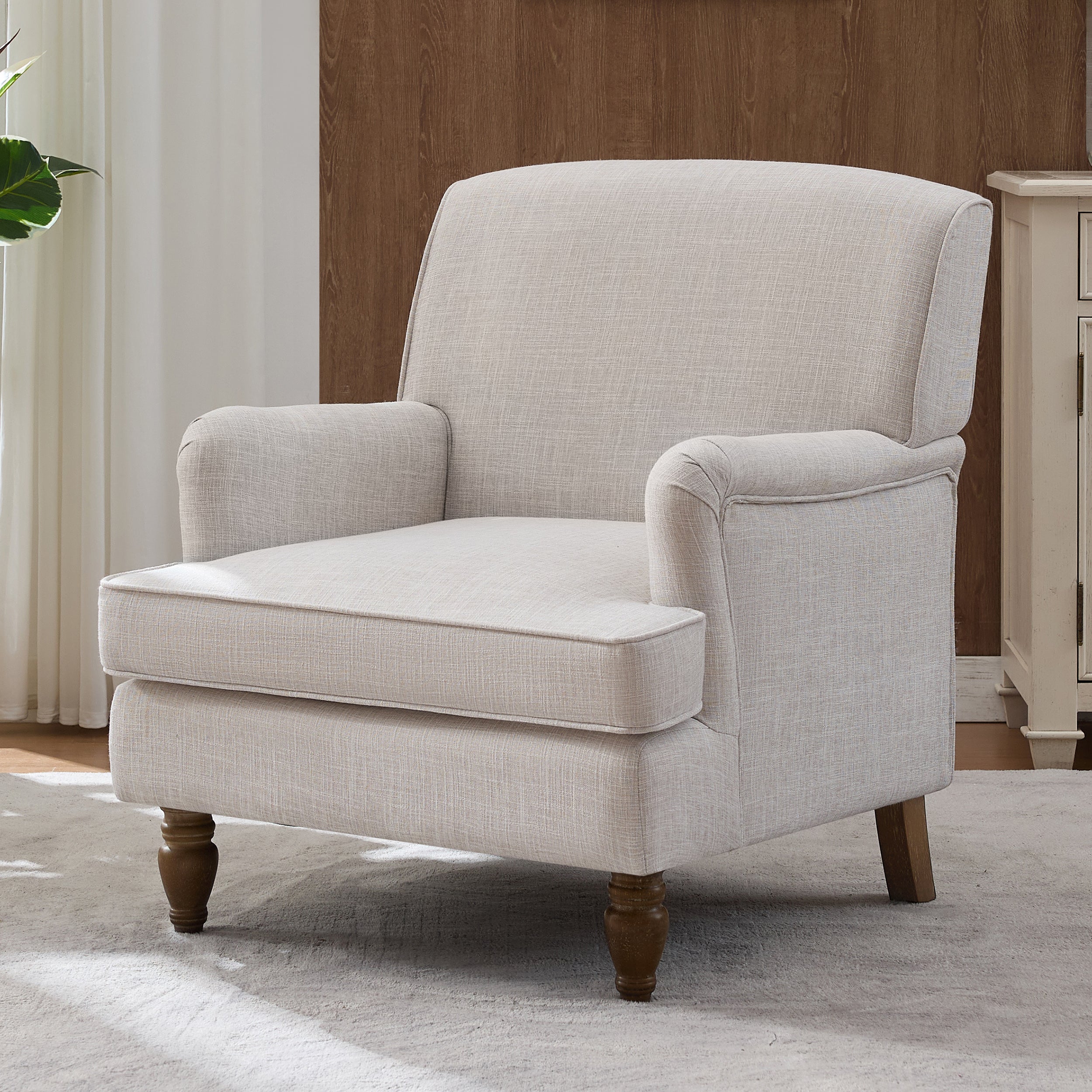 Benton Upholstered Linen Fabric Armchair with Antique Solid Wood Legs