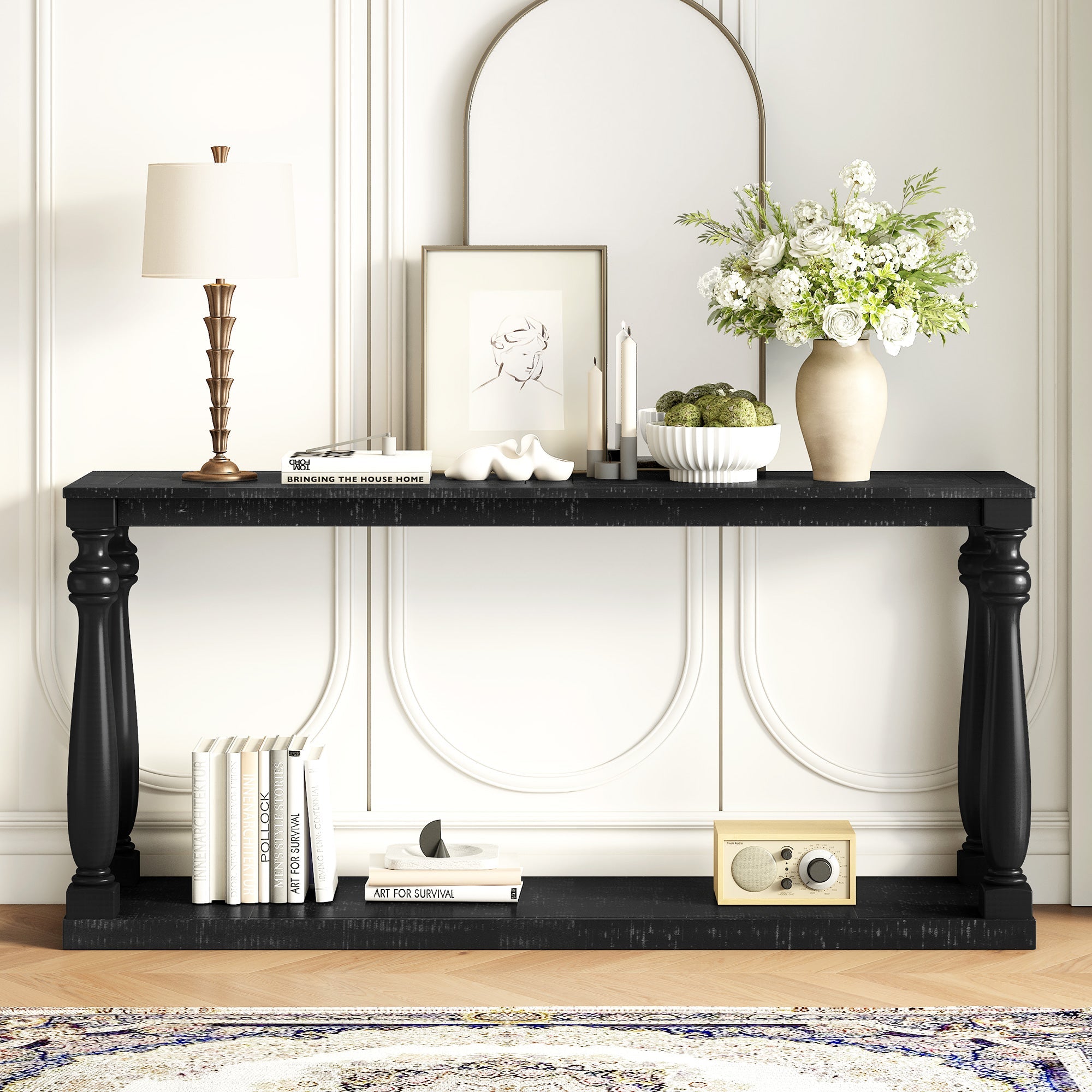 Farmhouse Turned-Leg Entryway Console Table with Bottom Shelf