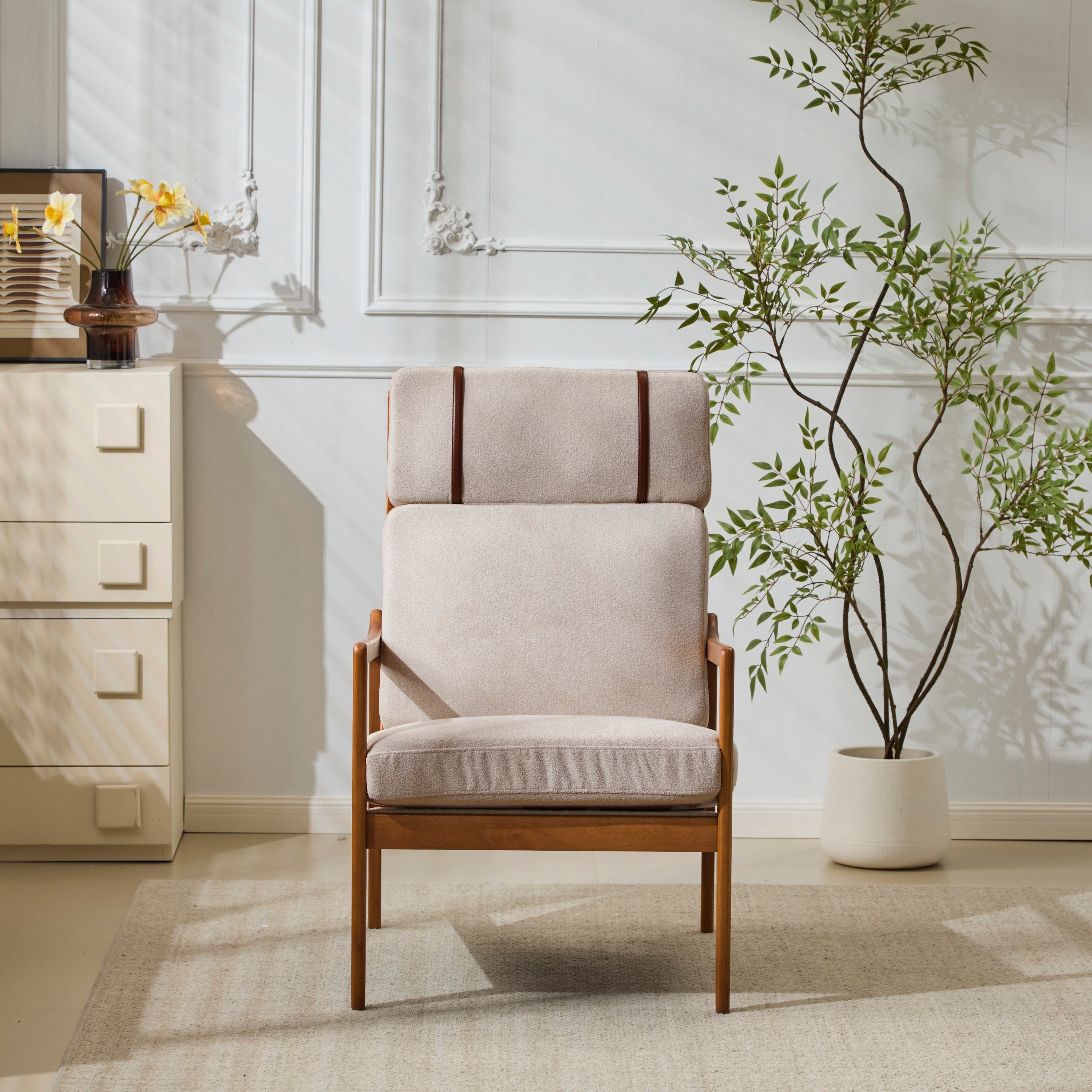 Birchmere Mid Century Modern Accent Armchair, Solid Wood Frame with High Back & Upholstered Cushions
