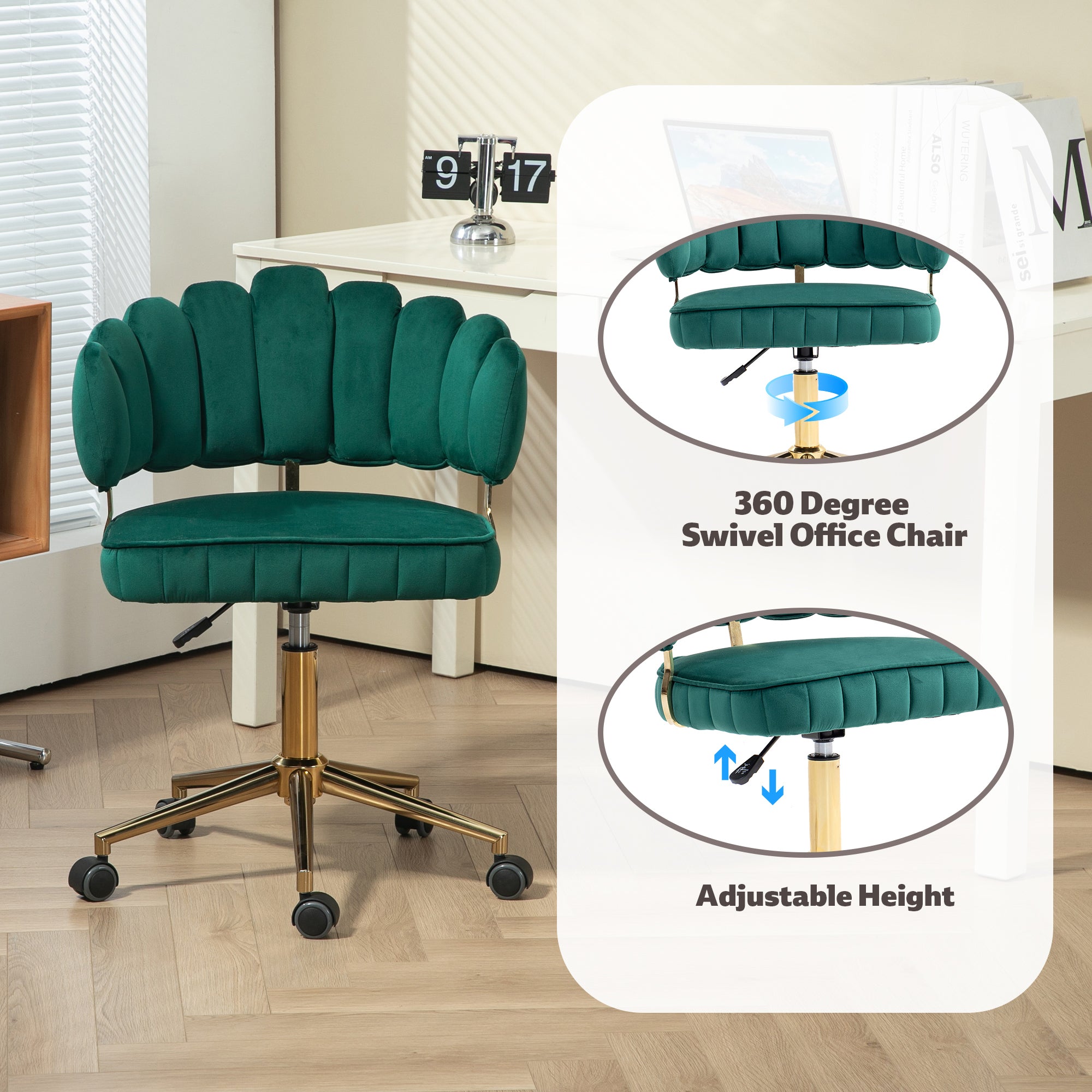 Modern Velvet Home Office Desk Chair with Adjustable Height and Swivel Wheels