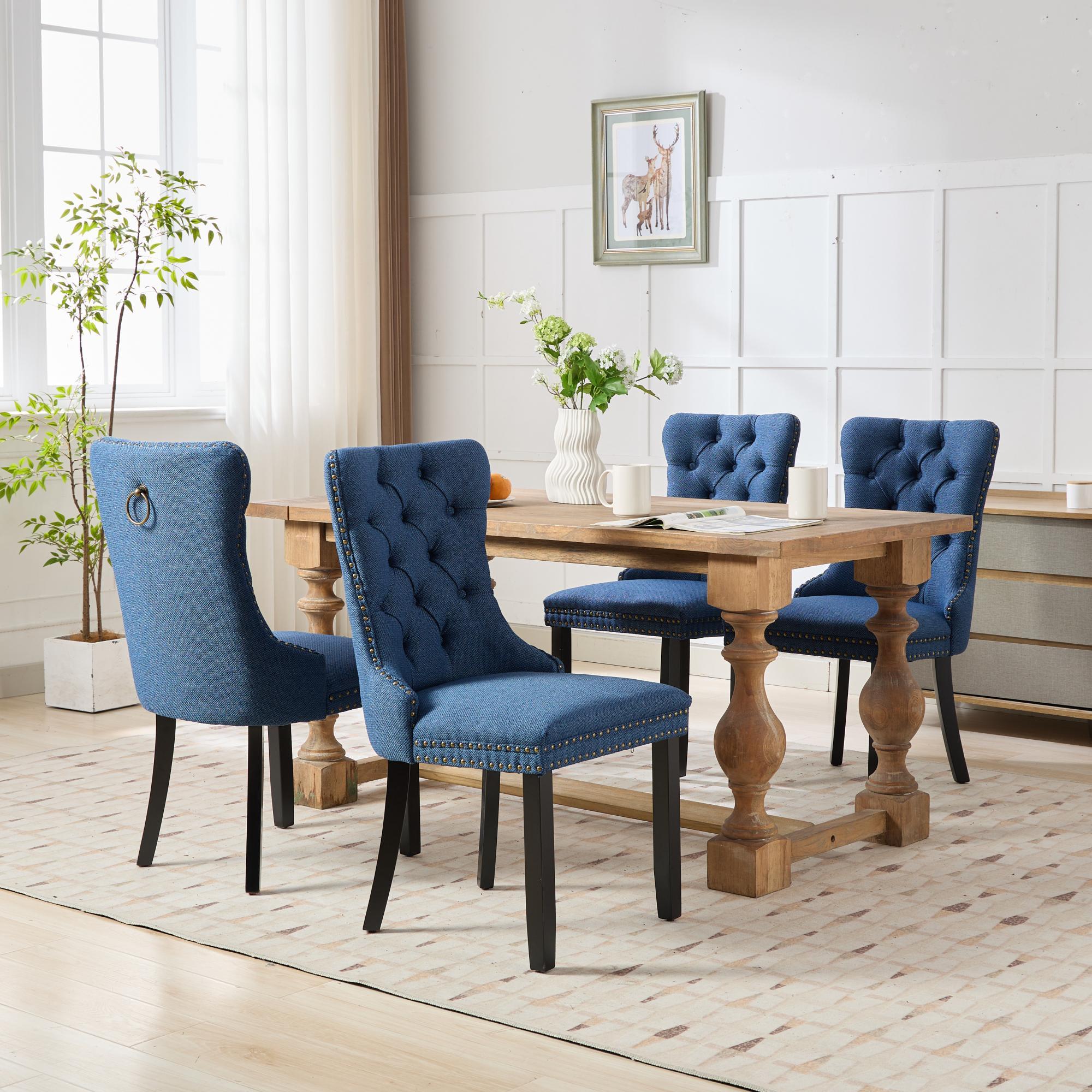 Rosewick Modern Tufted Linen Nailhead Trim Solid Wood Upholstered Dining Chair with Black Legs, Set of 2