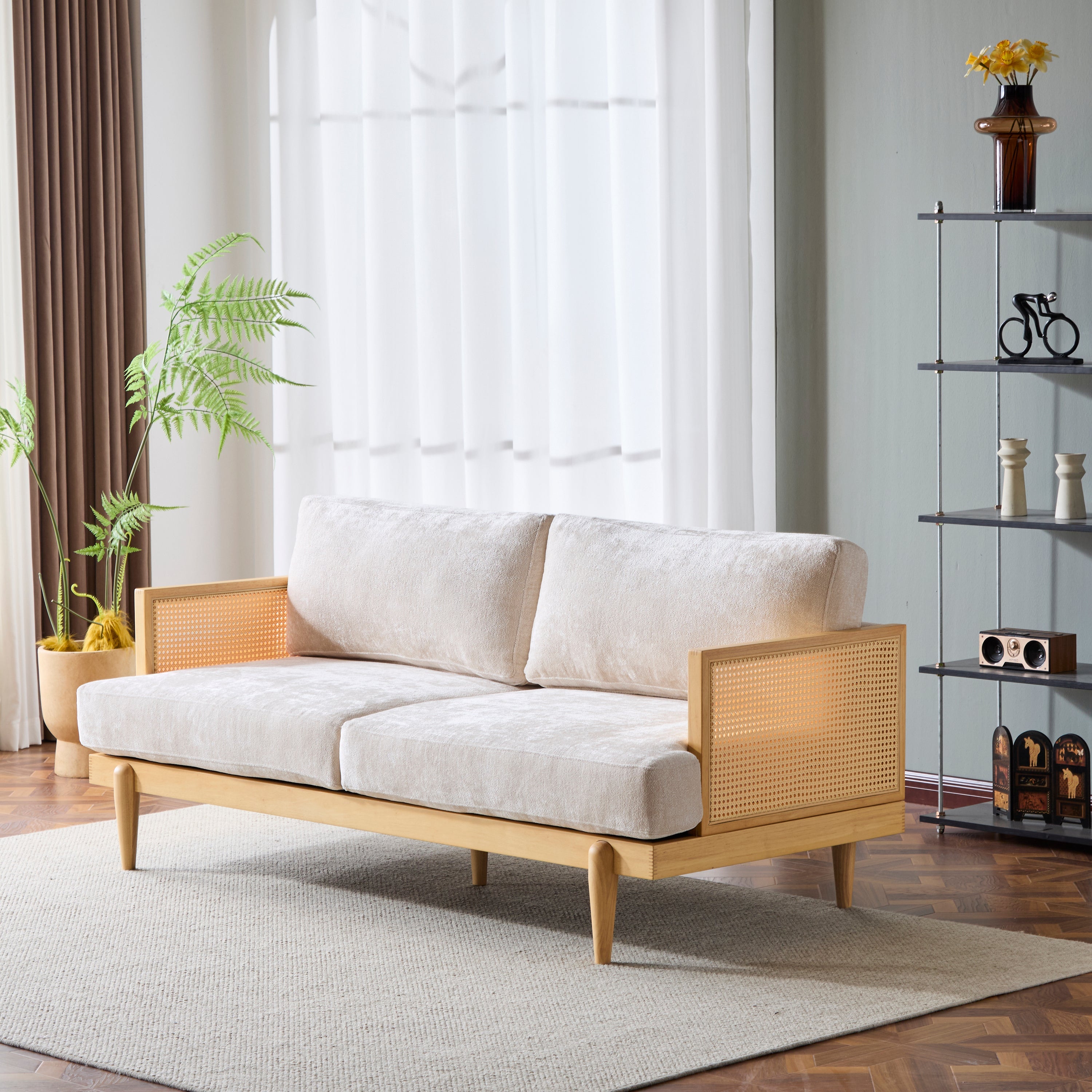Square Arm 3-Seater Sofa with Cane Rattan and Wooden Frame