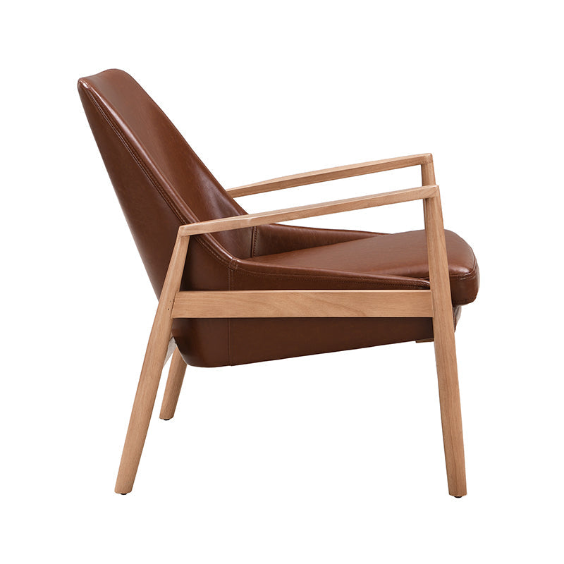 Brown Faux Leather Mid-Century Modern Armchair with Solid Wood Frame, Set of 2