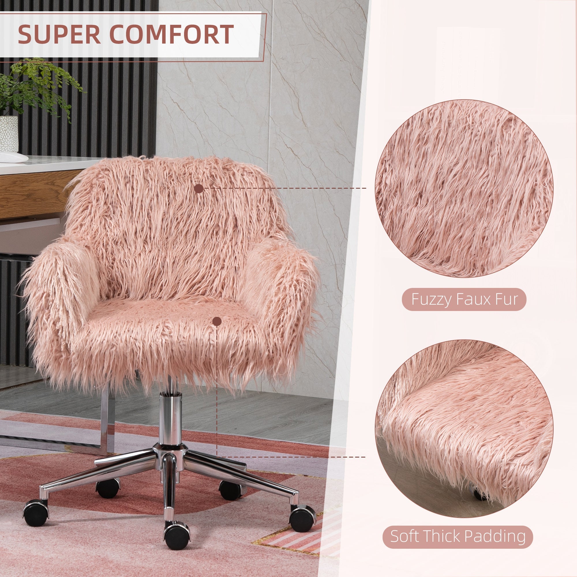 Faux Fur Desk Chair with Adjustable Height and Wheels