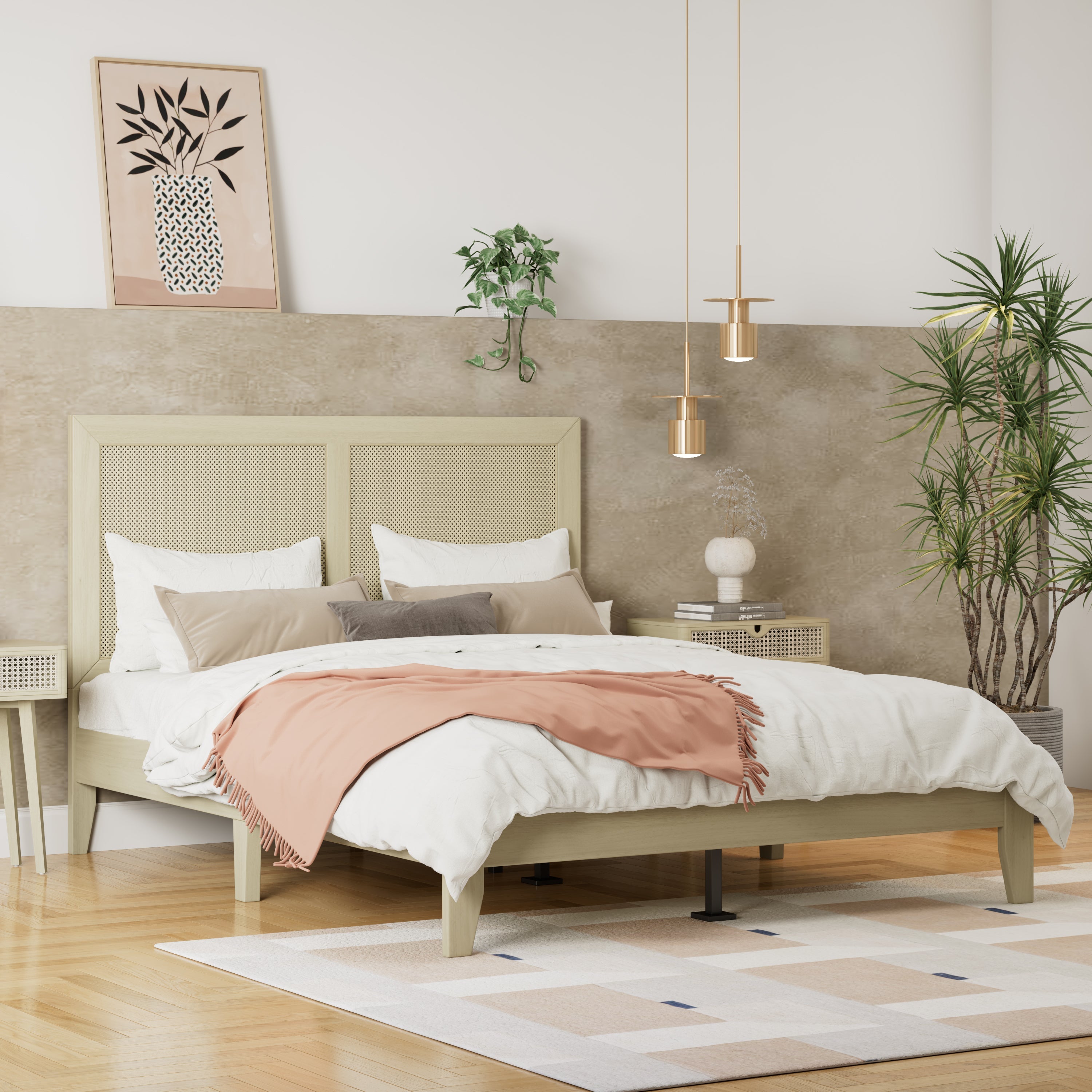 Solid Wood Platform Bed With Rattan