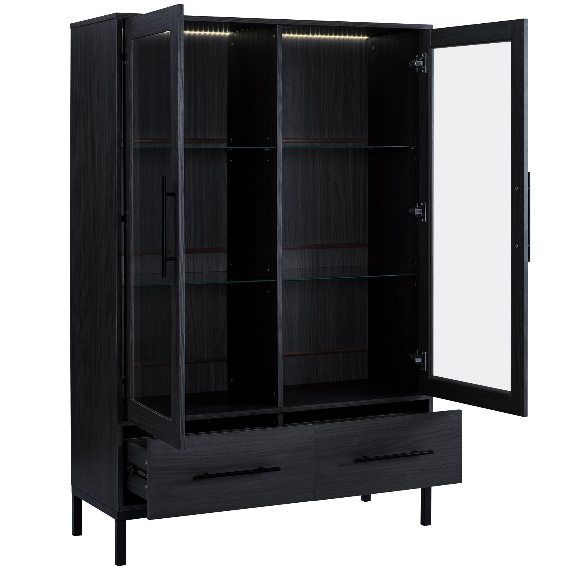 Wide Farmhouse Storage Cabinet with 4-Tier Adjustable Glass Shelves
