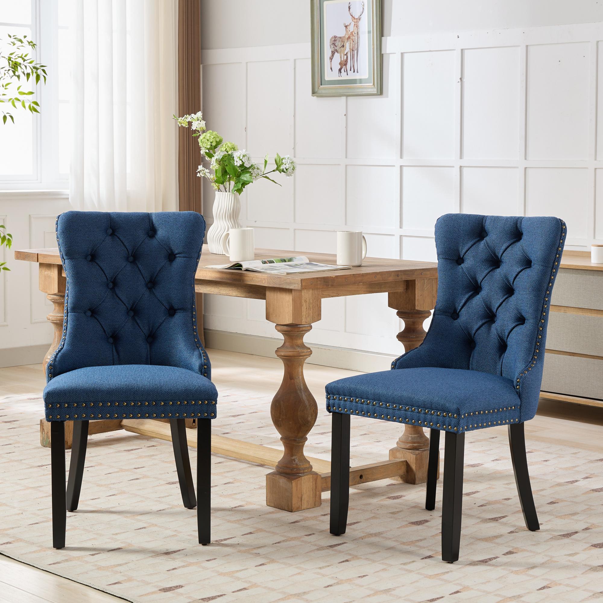 Rosewick Modern Tufted Linen Nailhead Trim Solid Wood Upholstered Dining Chair with Black Legs, Set of 2