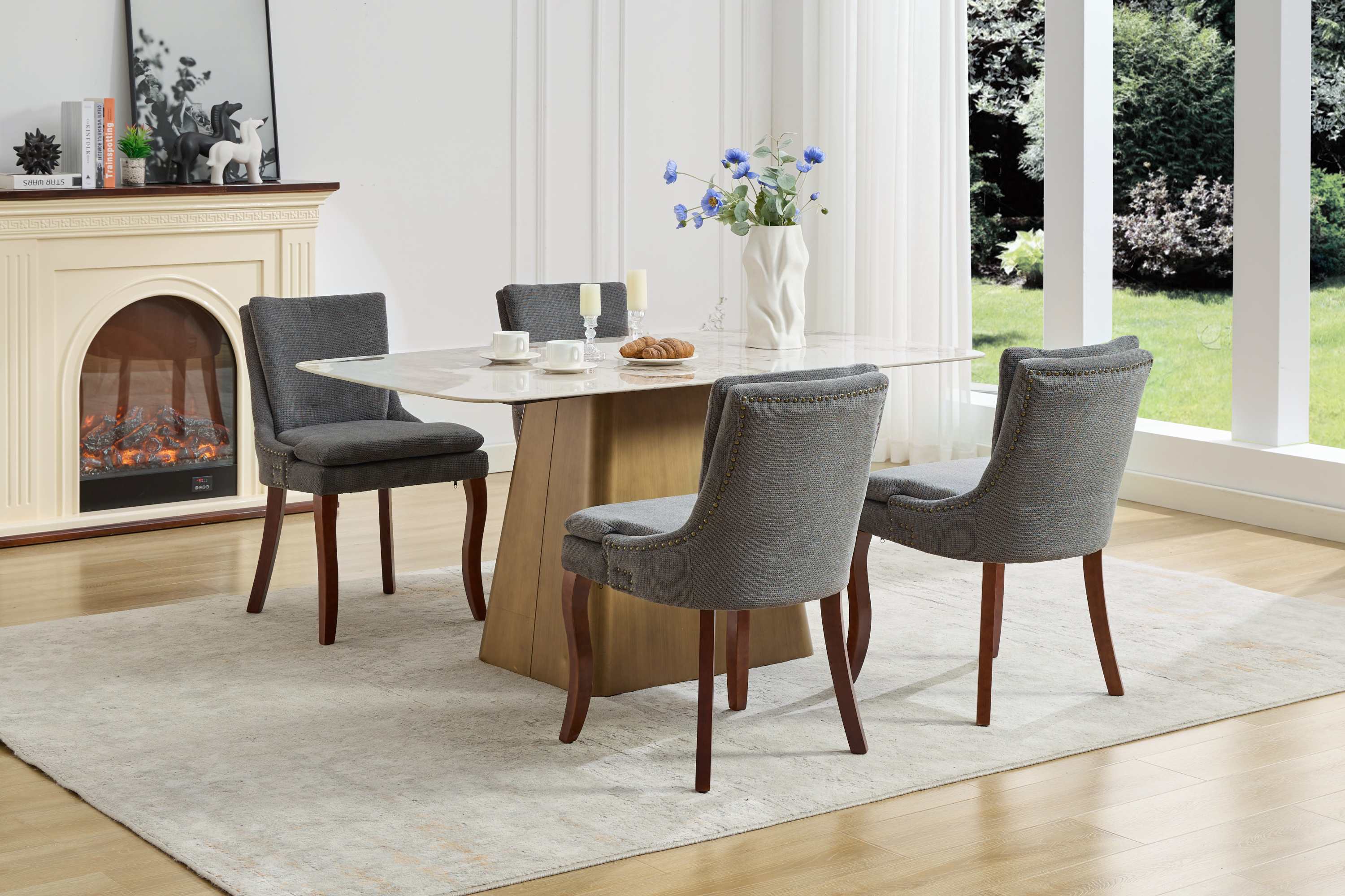 ChenilleUpholstered Dining Chairs with Curved Solid Wood Legs, Set of 2