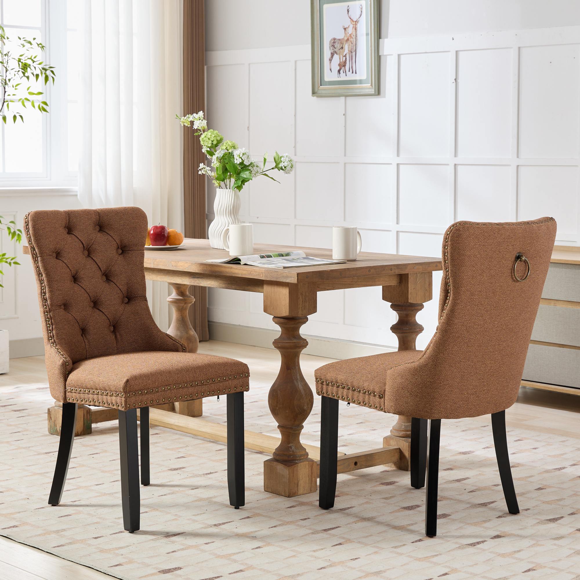 Rosewick Modern Tufted Linen Nailhead Trim Solid Wood Upholstered Dining Chair with Black Legs, Set of 2