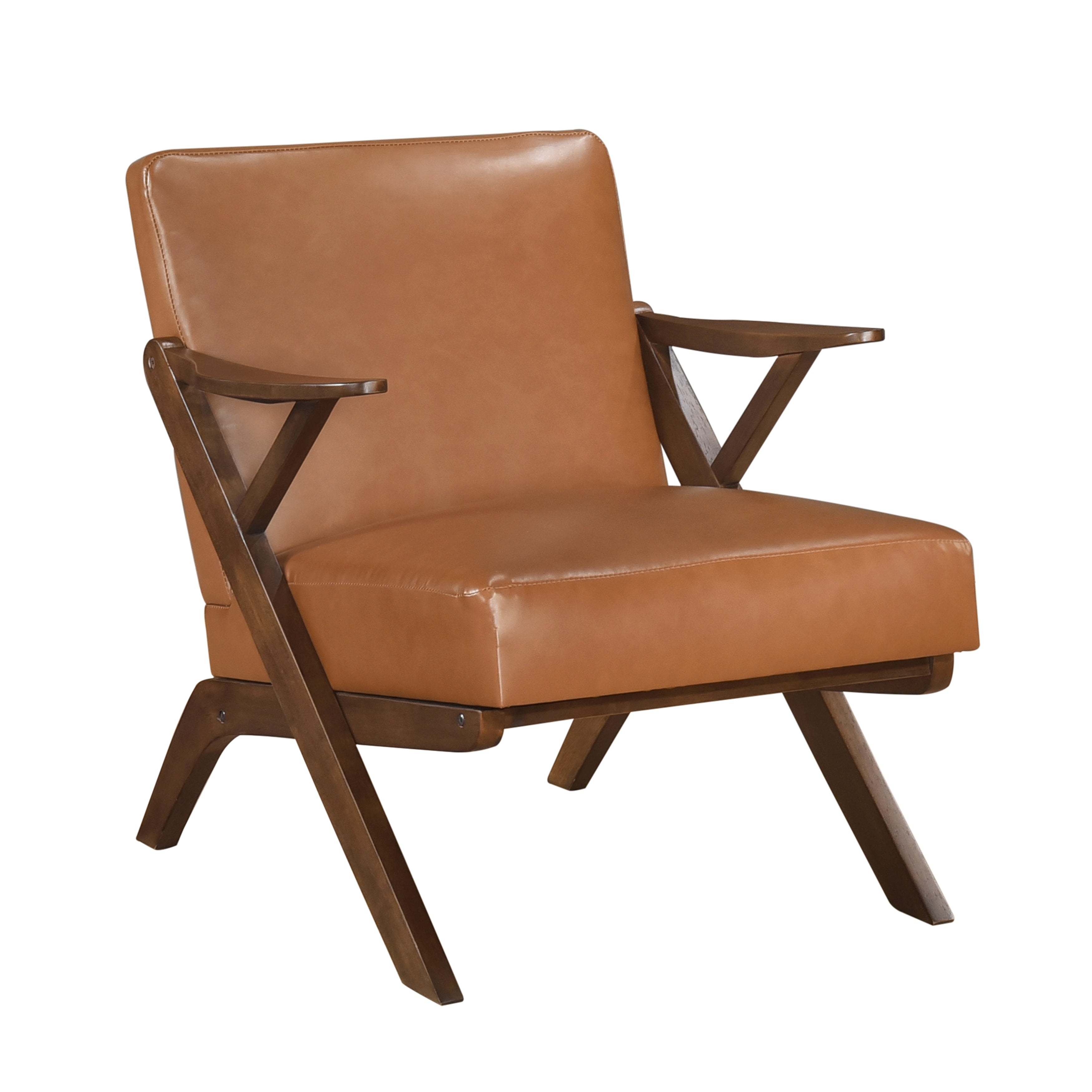 Solid Rubberwood Frame Accent Chair with Brown Faux Leather Upholstery