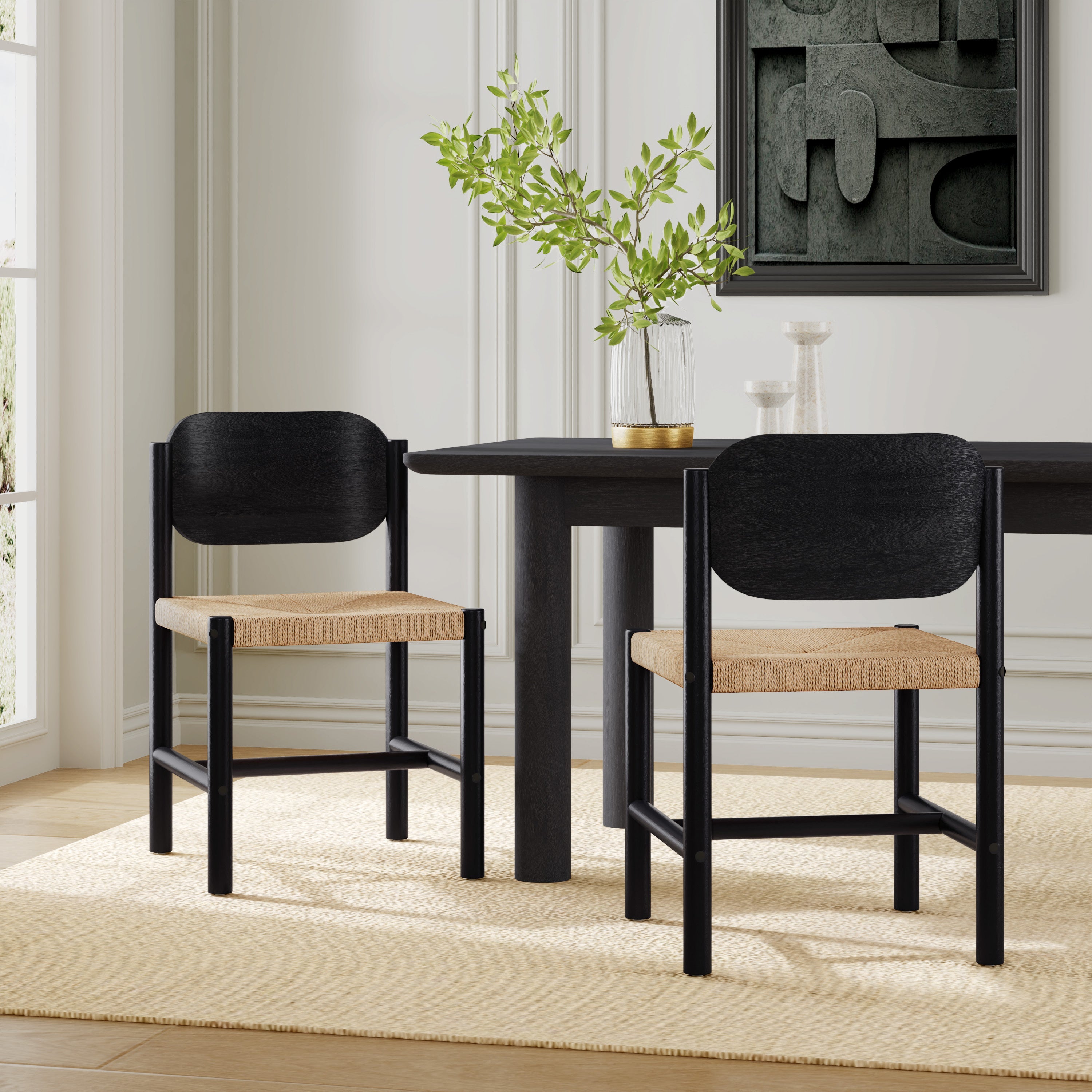 Farmington Wooden Dining Chairs with Beige Paper Rope Weave Seat, Set of 2
