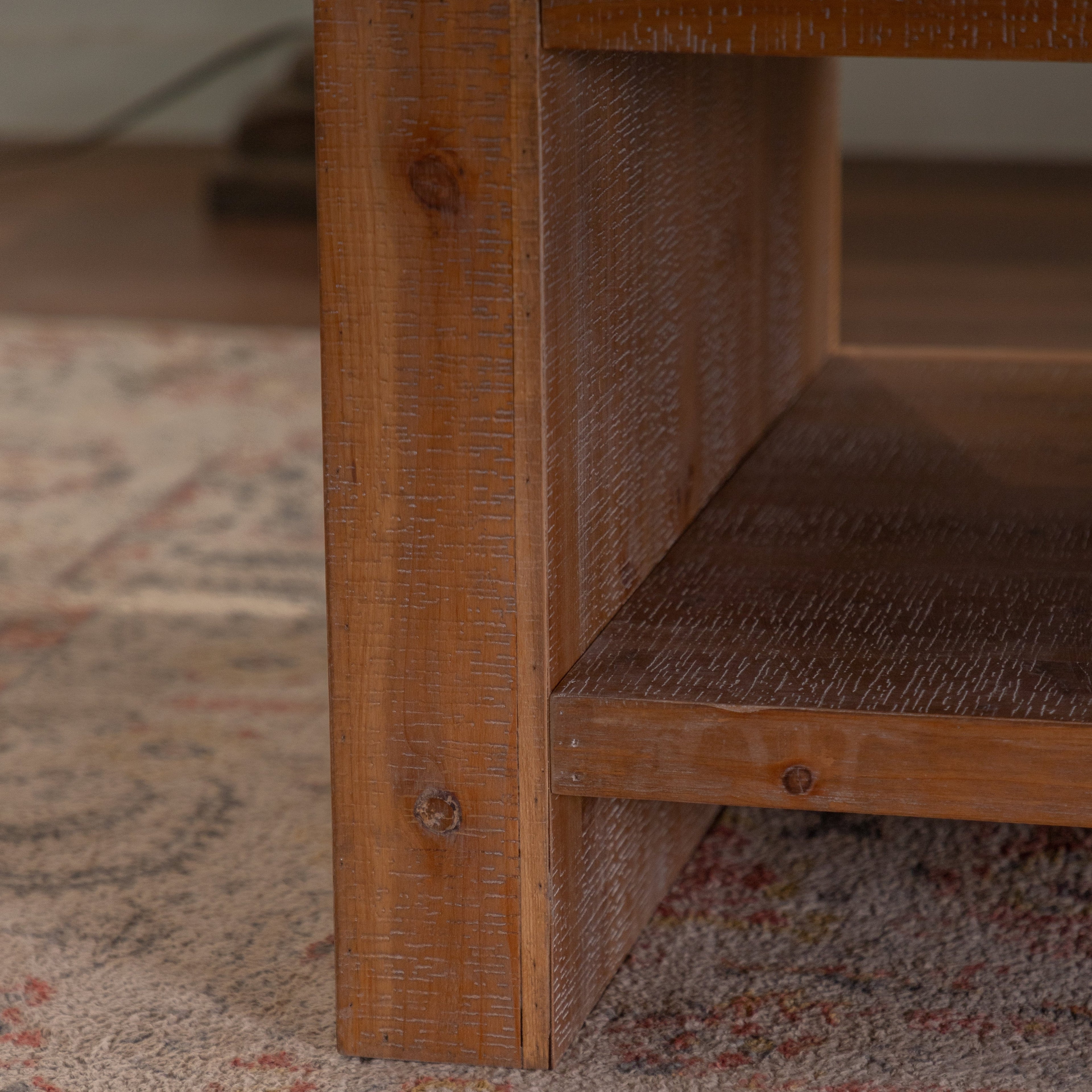 Large 2-Tier Rustic Coffee Table with Storage Shelf and Carved Detail