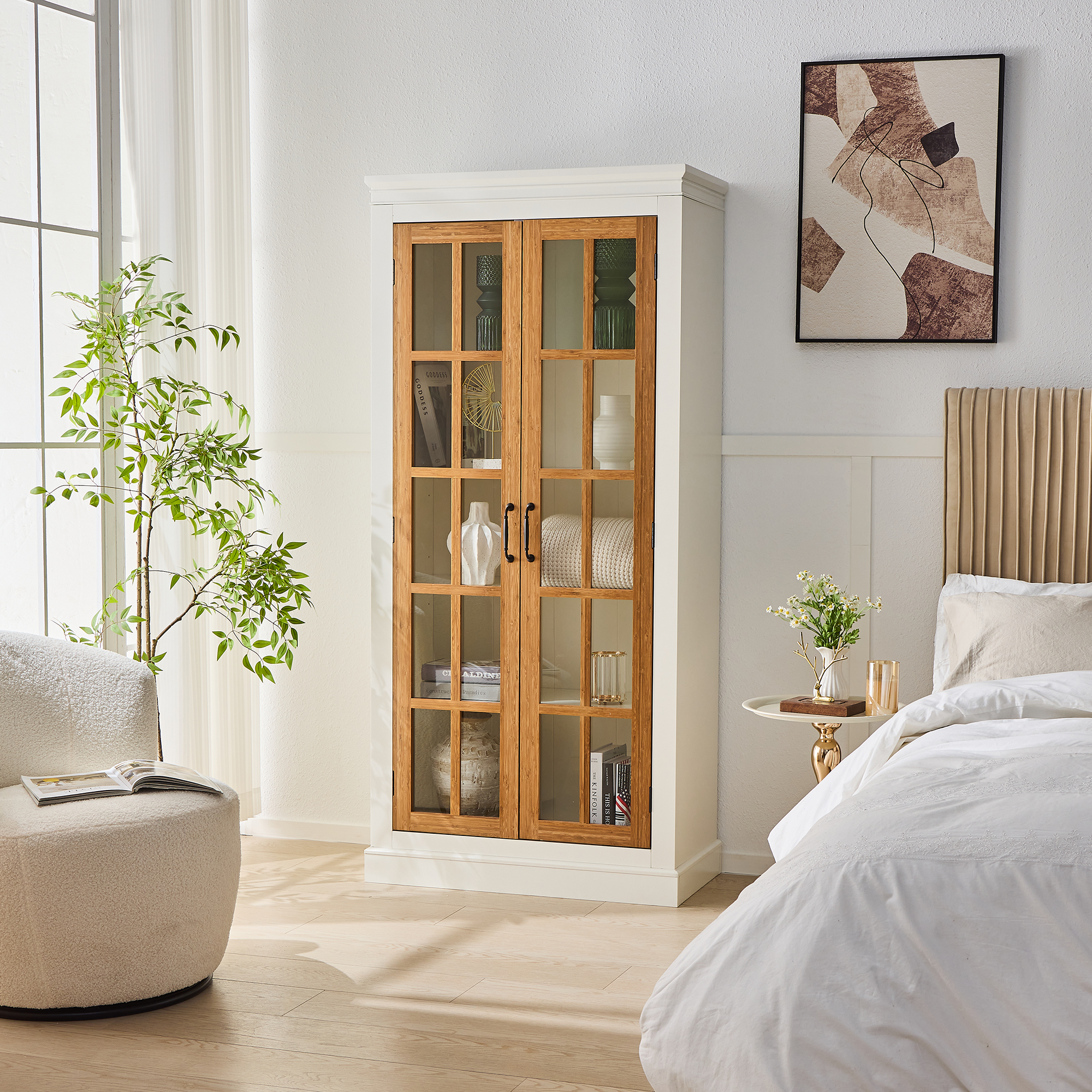 Rustic Style Display Cabinet with Glass Doors