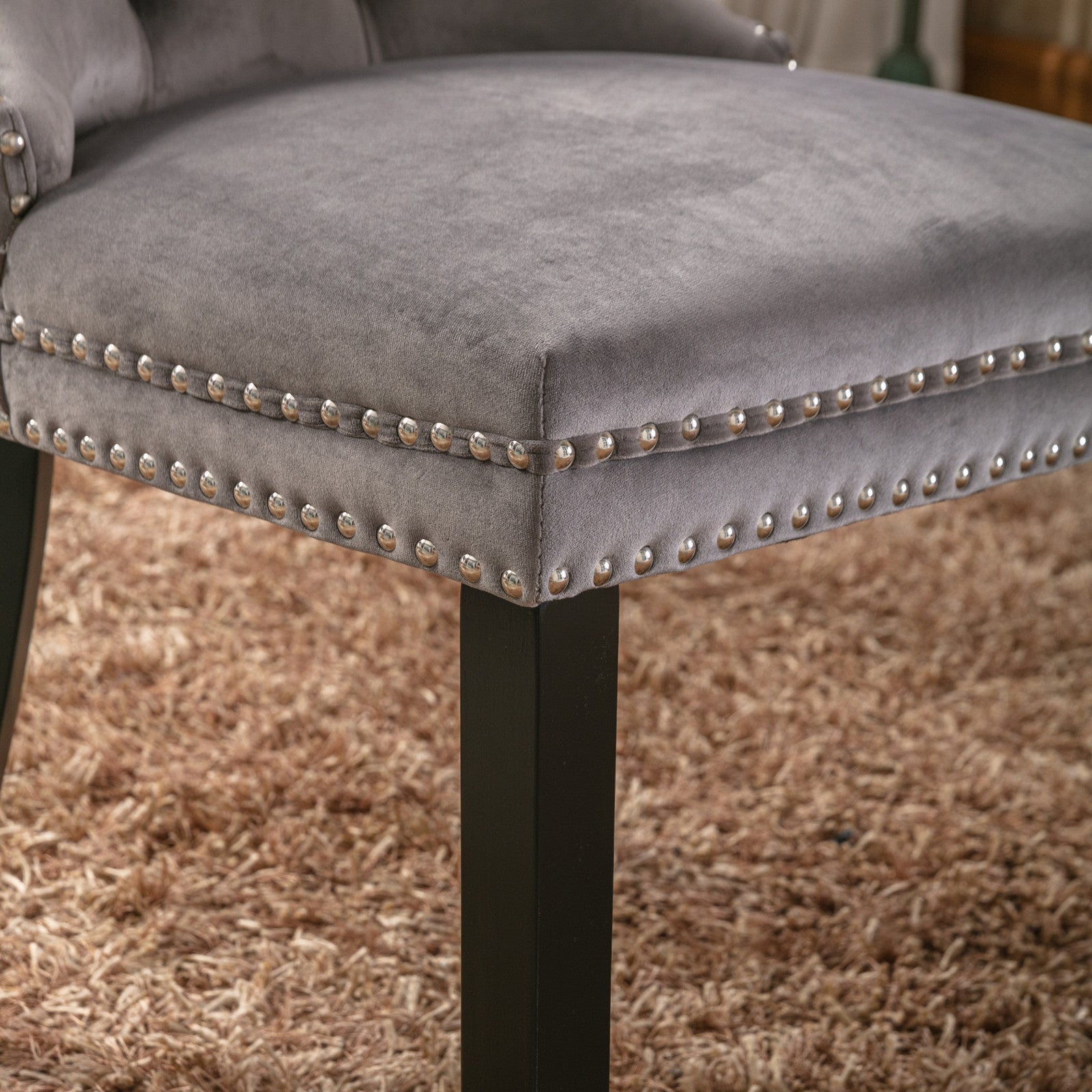 Rosewick Modern Tufted Velvet Nailhead Trim Solid Wood Upholstered Dining Chair with Wood Legs, Set of 2