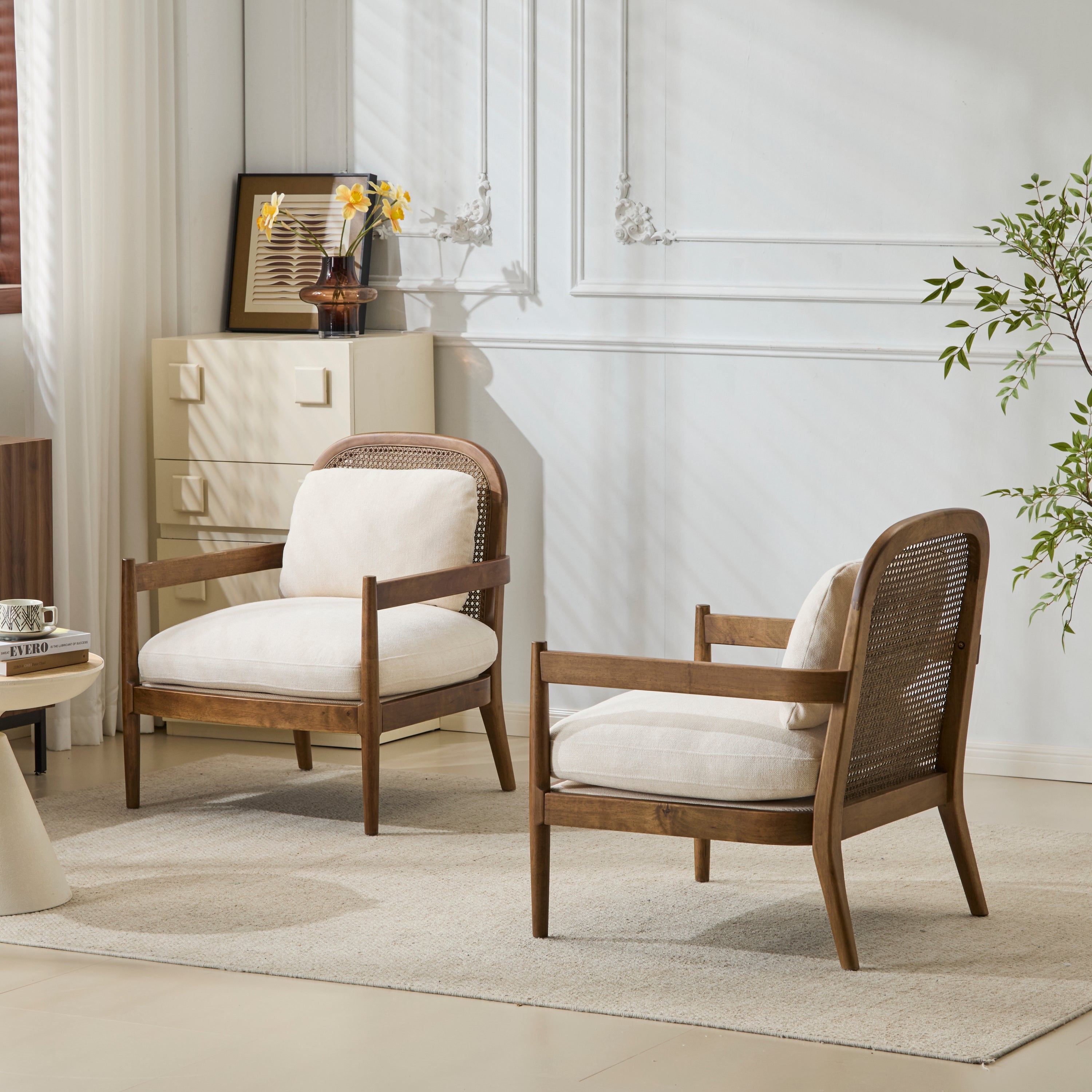 Elliston Rattan Backrest Solid Wood Accent Chair with Cushions, Set of 2