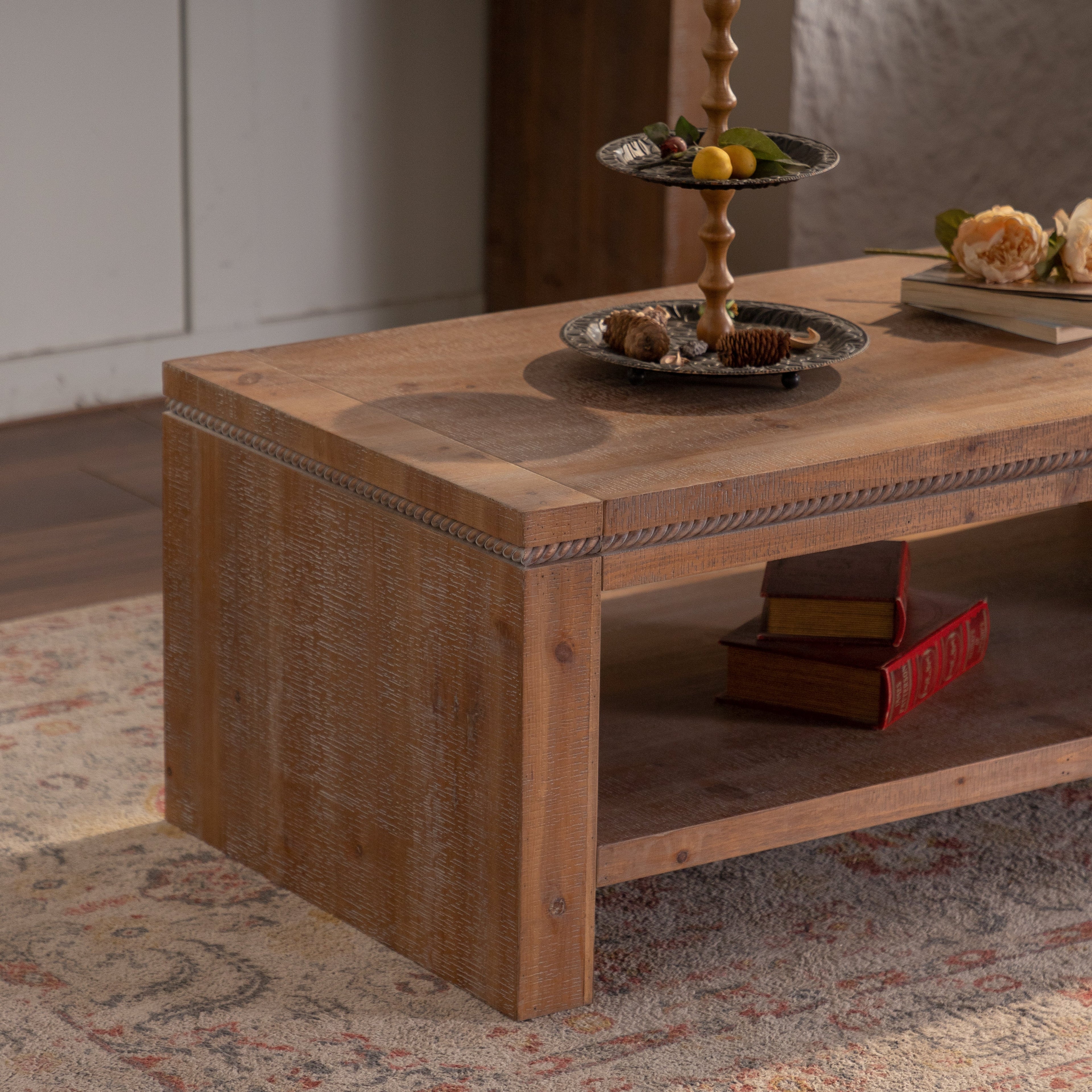 Large 2-Tier Rustic Coffee Table with Storage Shelf and Carved Detail