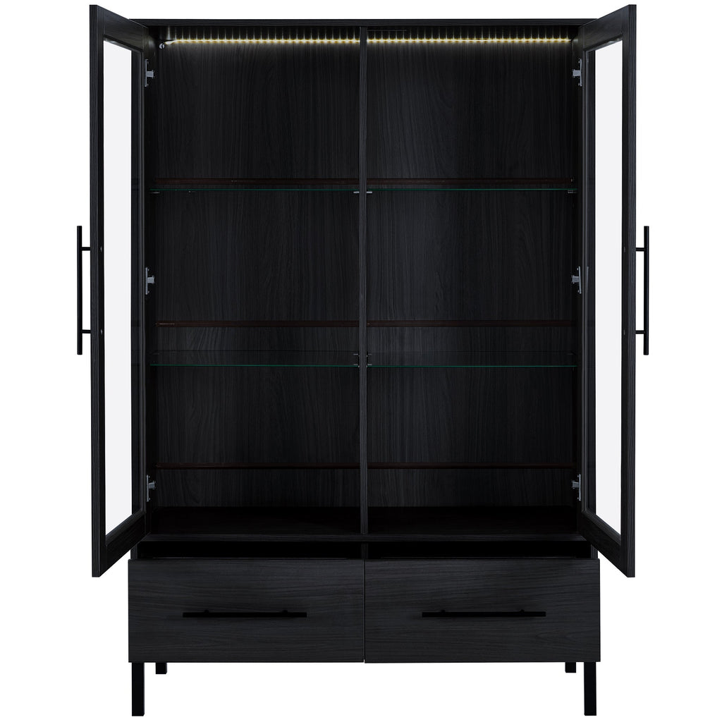 Wide Farmhouse Storage Cabinet with 4-Tier Adjustable Glass Shelves