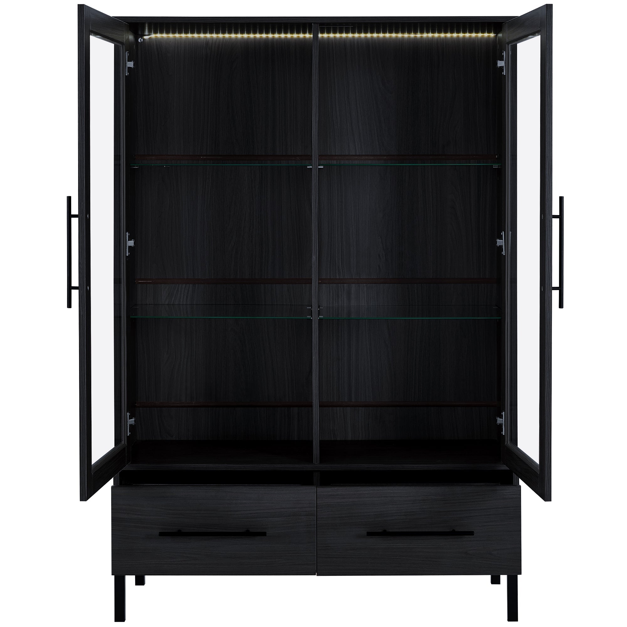 Wide Farmhouse Storage Cabinet with 4-Tier Adjustable Glass Shelves