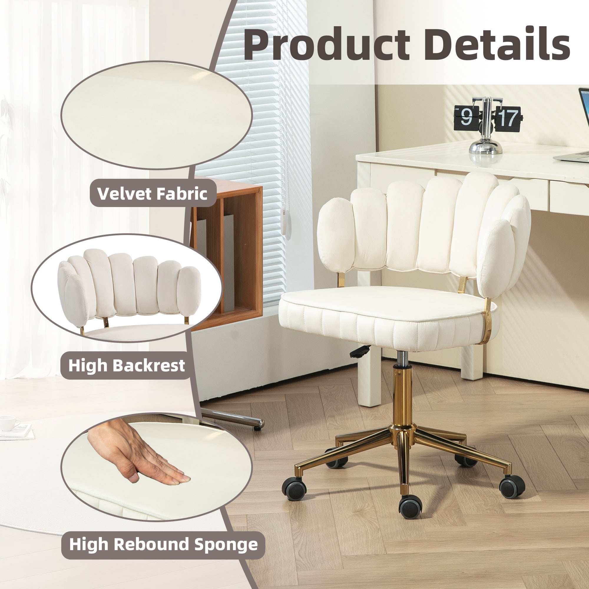 Modern Velvet Home Office Desk Chair with Adjustable Height and Swivel Wheels