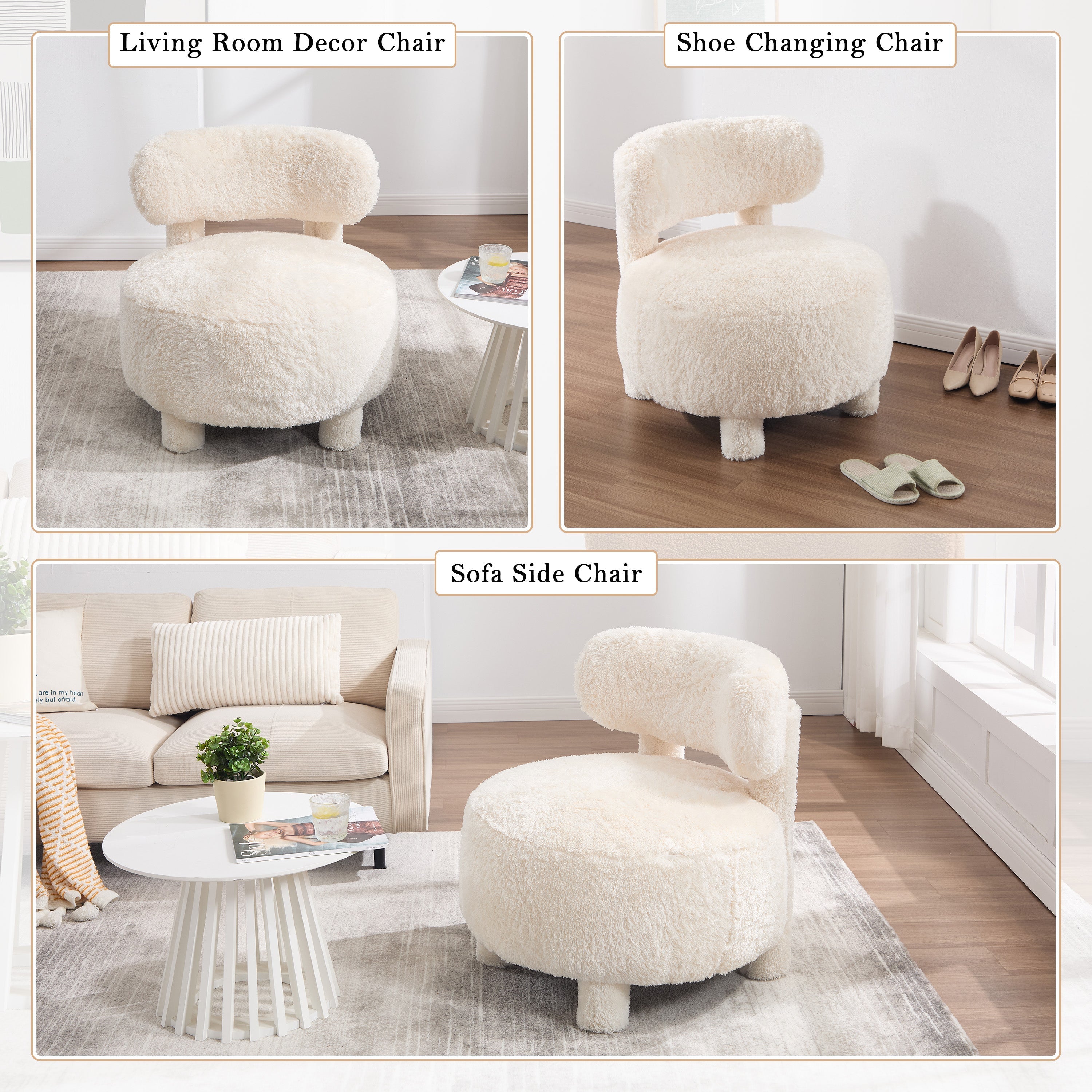 Fuzzy Armless Accent Chair with Curved Backrest and Solid Wooden Legs