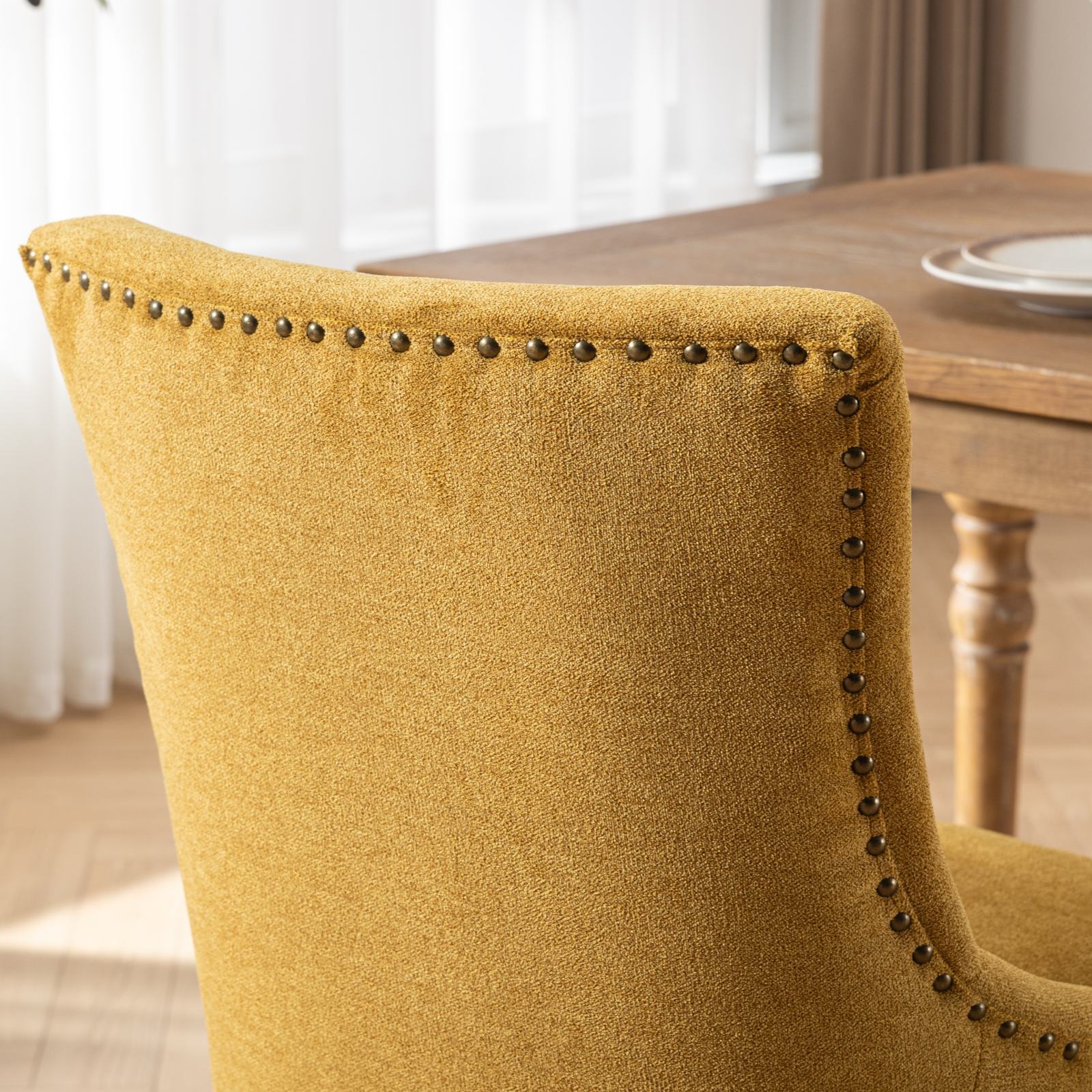 Square Back Upholstered Dining Chair with Bronze Nailhead Trim, Set of 2