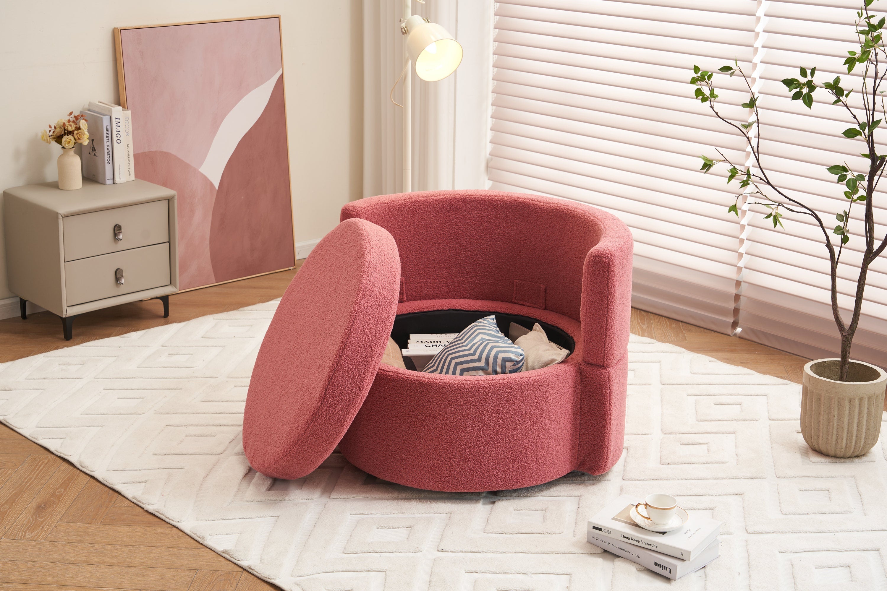 Teddy Fabric Swivel And Storage Chair With Back Cushion