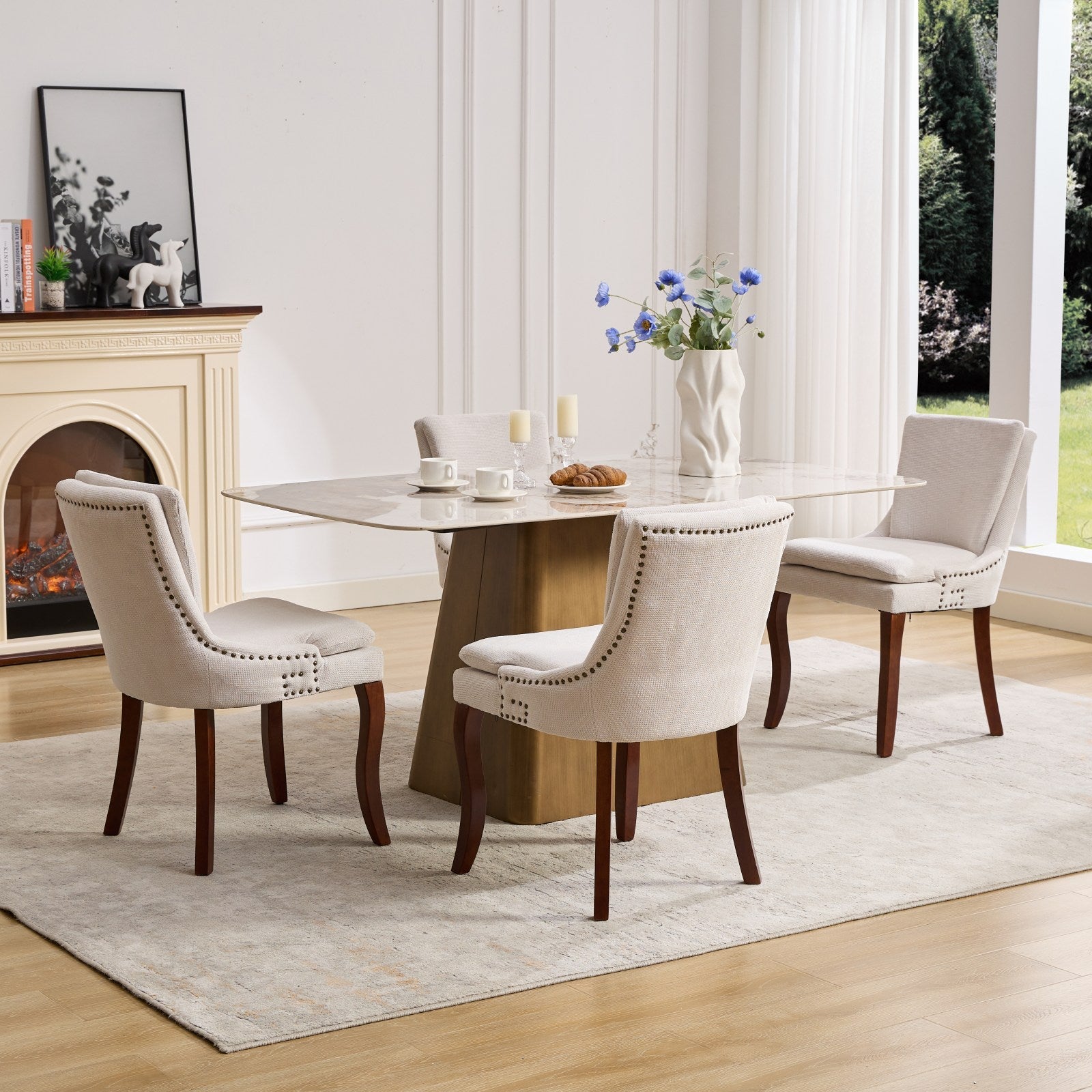 ChenilleUpholstered Dining Chairs with Curved Solid Wood Legs, Set of 2