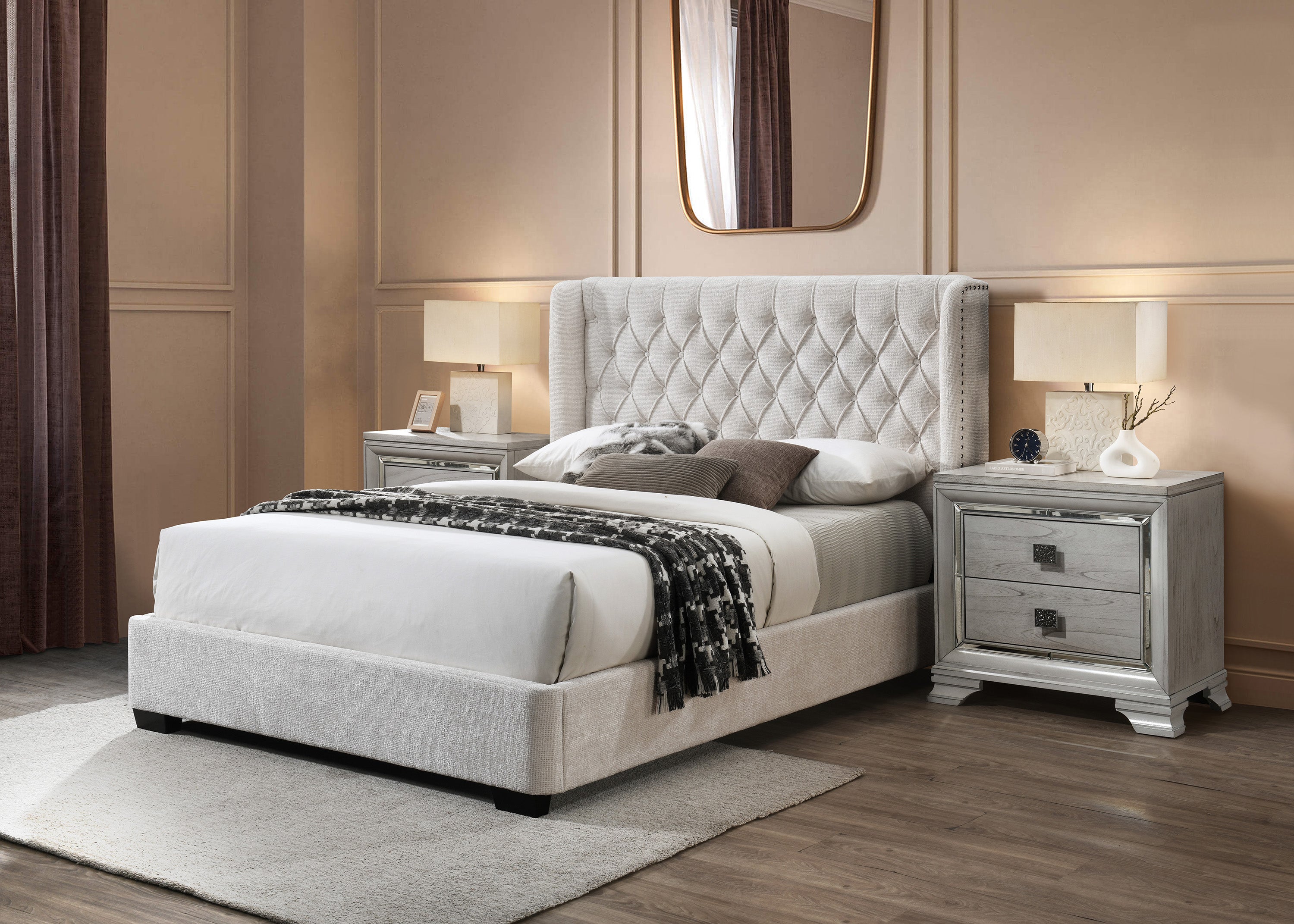 Soft Tweed Fabric Winged Headboard Bed