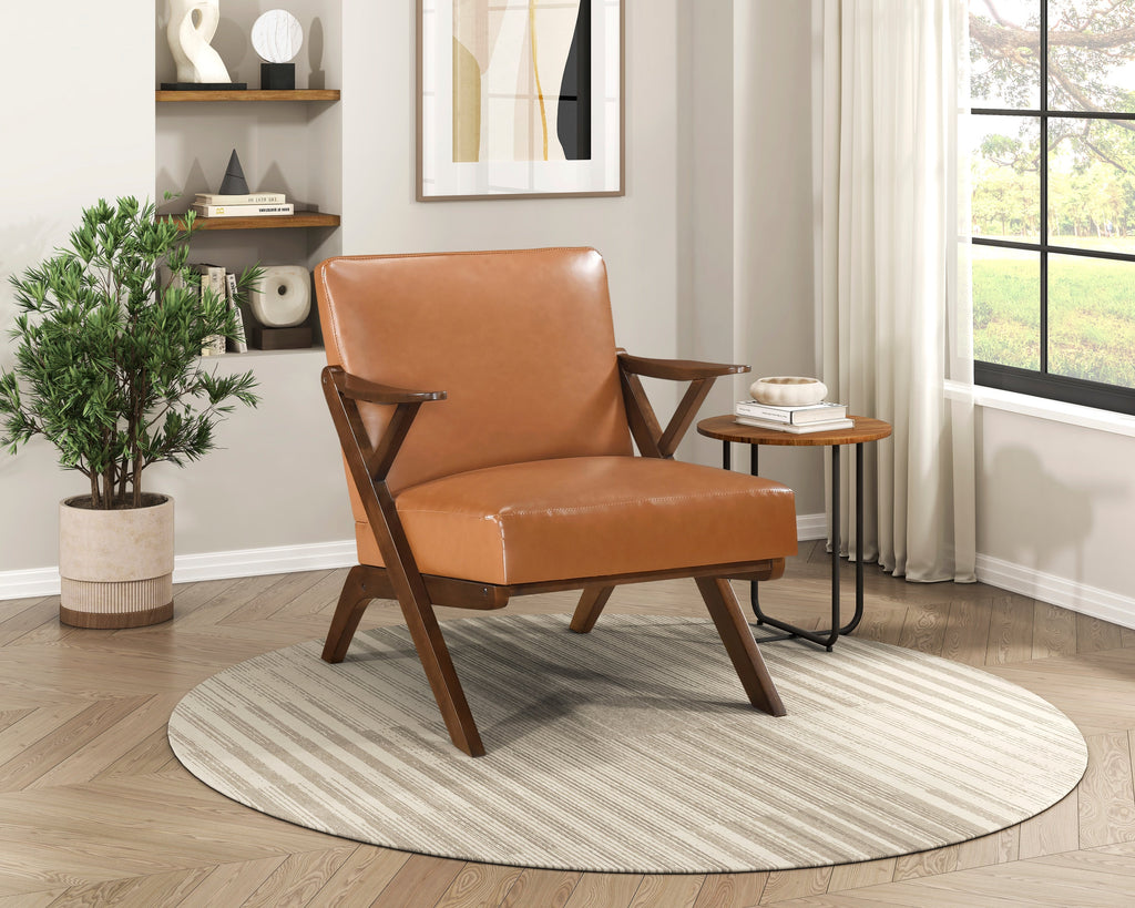 Solid Rubberwood Frame Accent Chair with Brown Faux Leather Upholstery