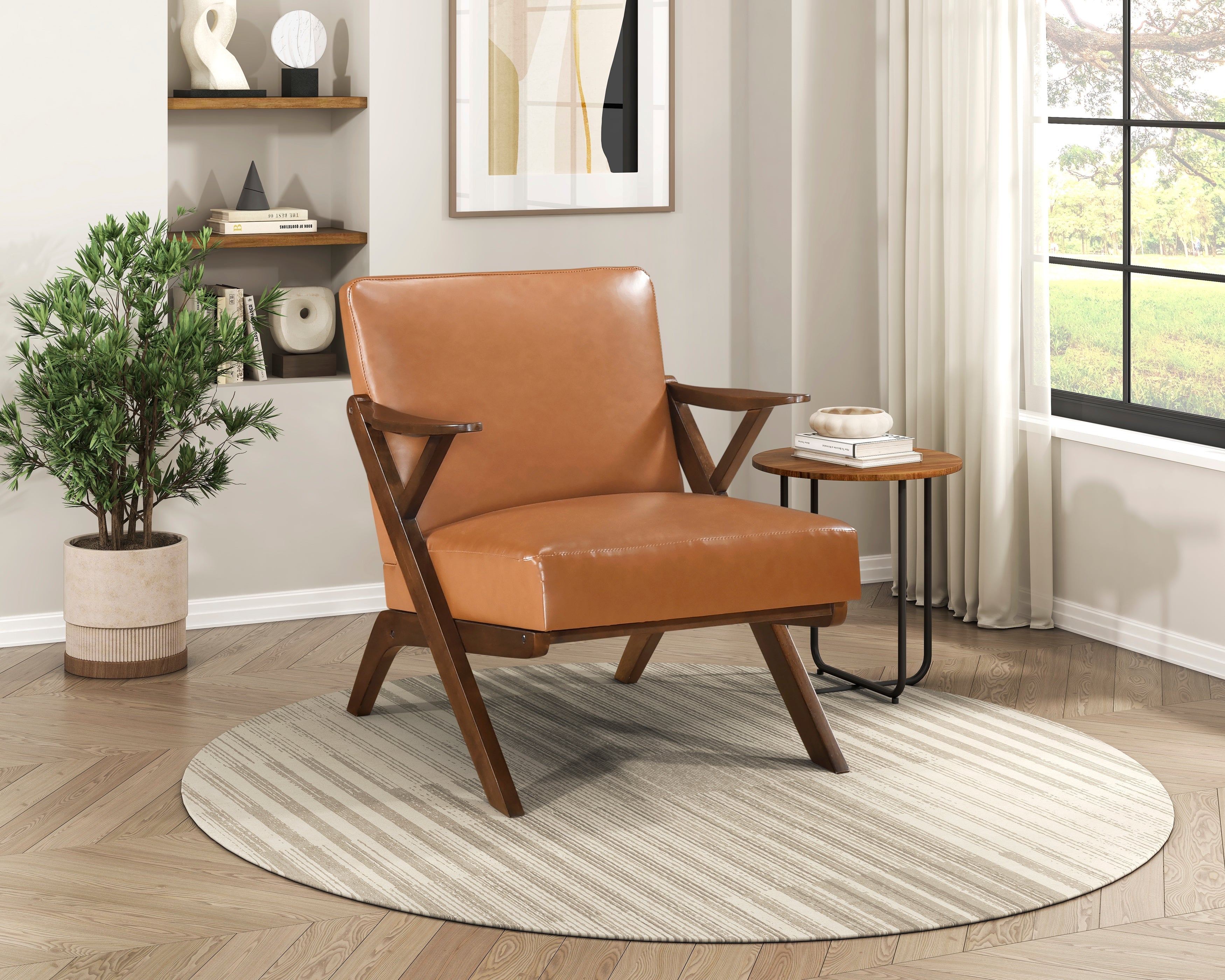 Solid Rubberwood Frame Accent Chair with Brown Faux Leather Upholstery