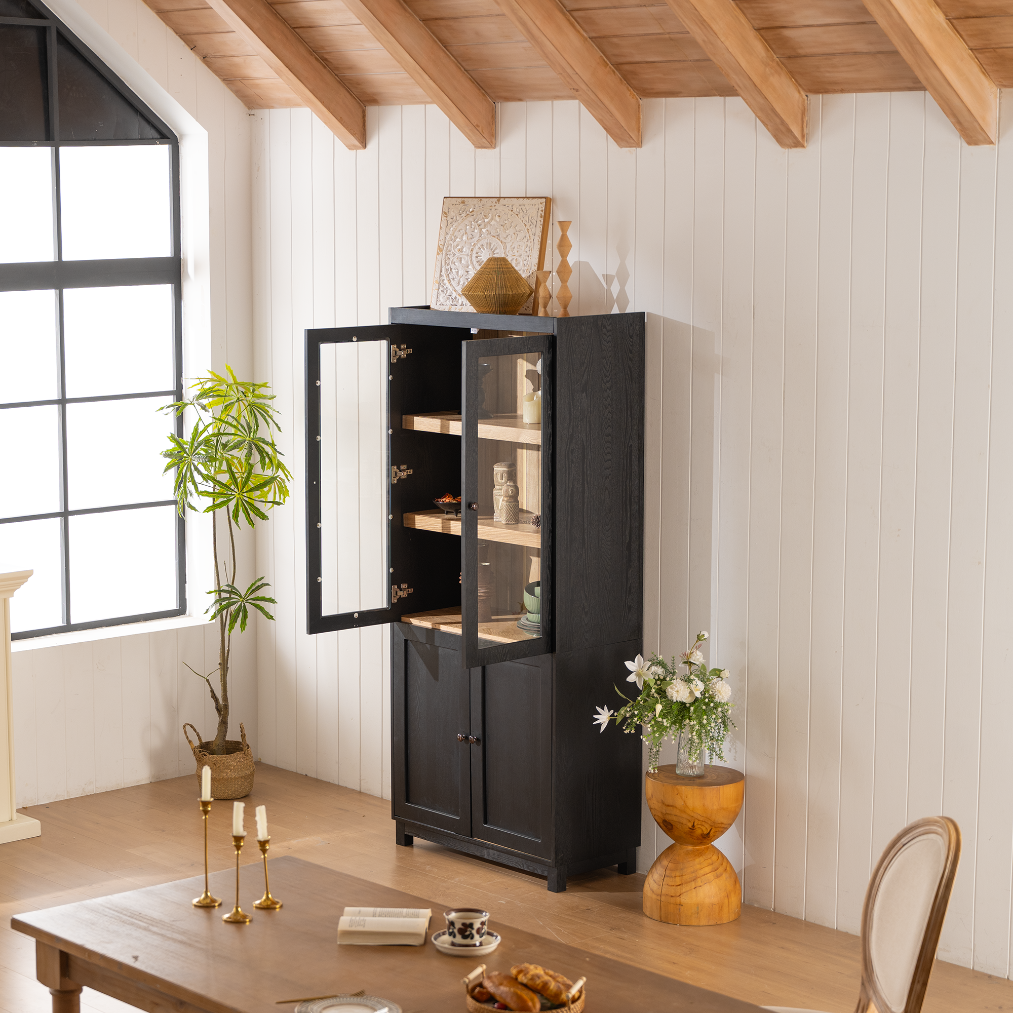 Mid-Century Modern Style Tall Display Cabinet with Glass Doors