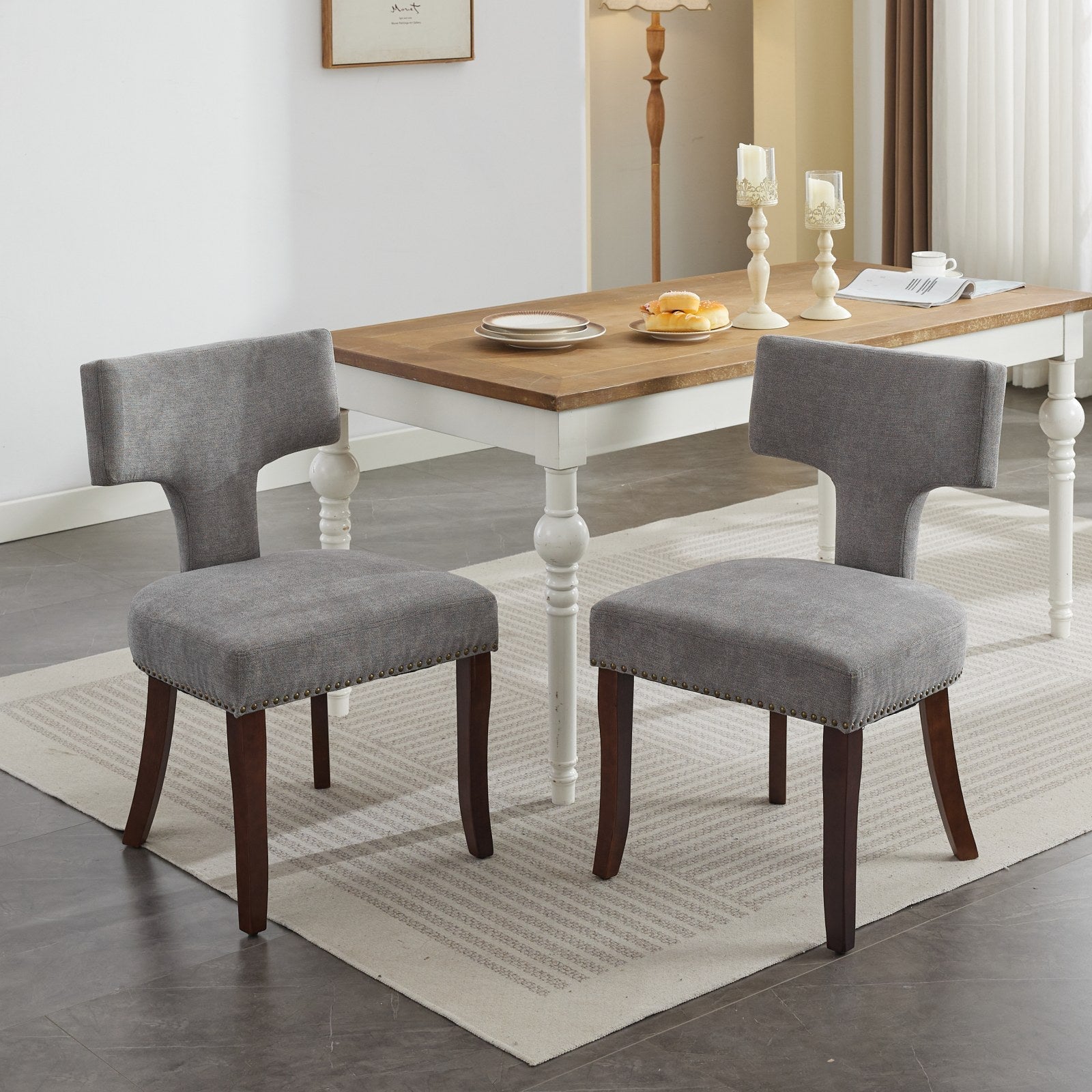Mid Century Modern T-Back Dining Chairs with Nailhead Trim, Set of 2
