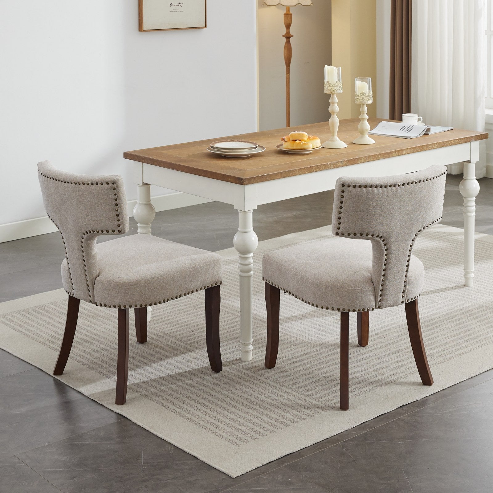 Mid Century Modern T-Back Dining Chairs with Nailhead Trim, Set of 2