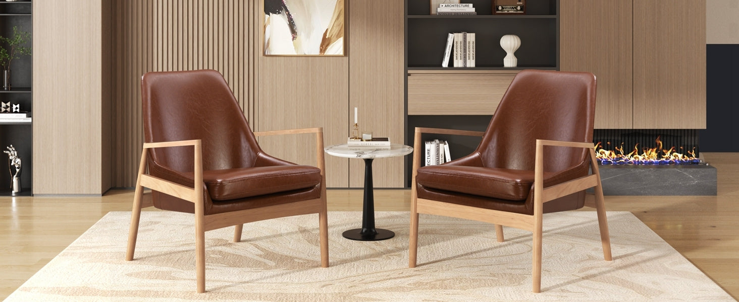 Brown Faux Leather Mid-Century Modern Armchair with Solid Wood Frame, Set of 2