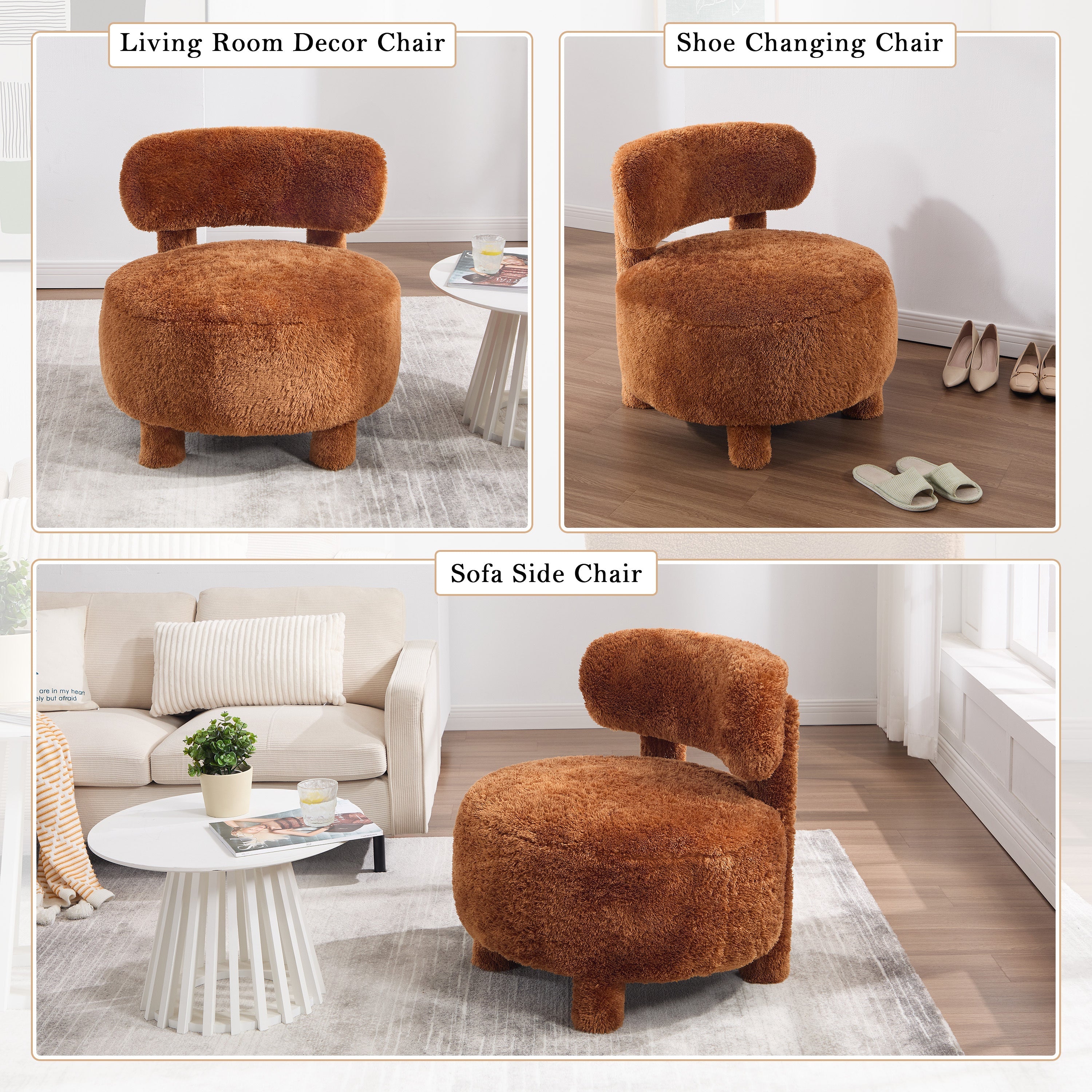 Fuzzy Armless Accent Chair with Curved Backrest and Solid Wooden Legs