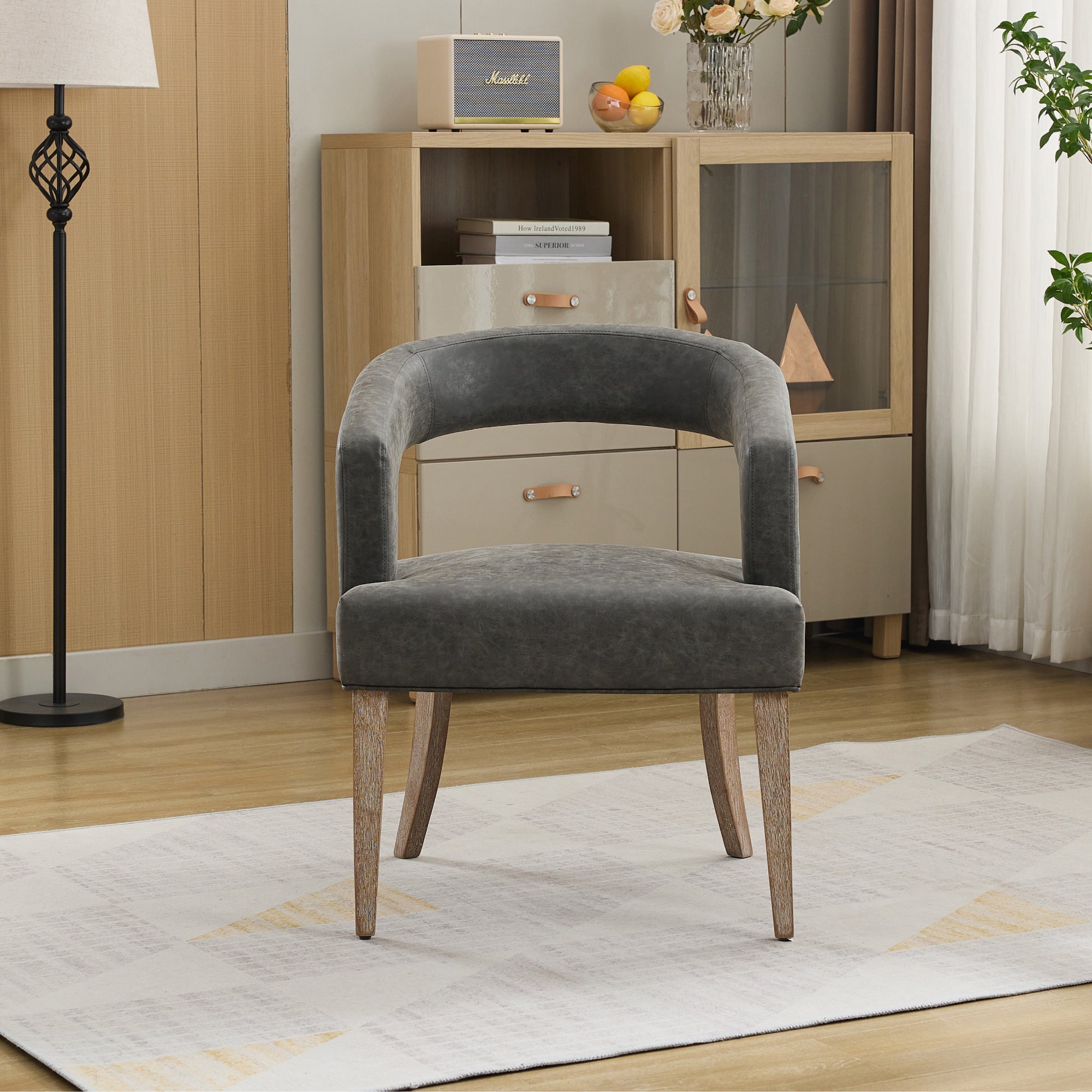 Velvet Open Back Barrel Upholstered Accent Chair with Weathered Solid Wood Legs