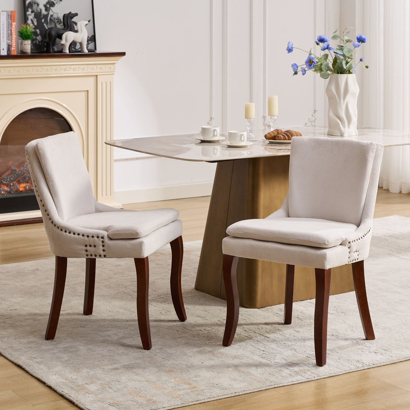 ChenilleUpholstered Dining Chairs with Curved Solid Wood Legs, Set of 2
