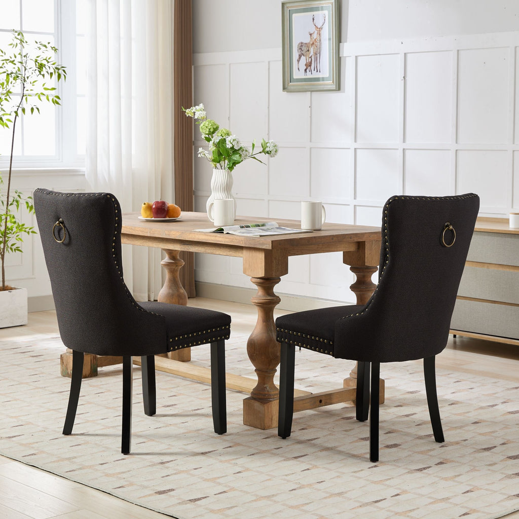 Rosewick Modern Tufted Linen Nailhead Trim Solid Wood Upholstered Dining Chair with Black Legs, Set of 2