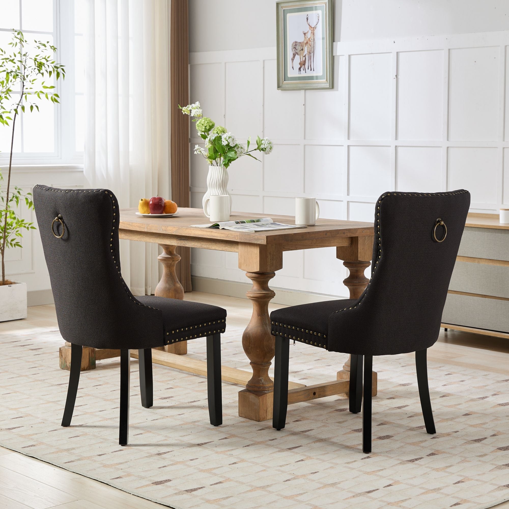 Rosewick Modern Tufted Linen Nailhead Trim Solid Wood Upholstered Dining Chair with Black Legs, Set of 2