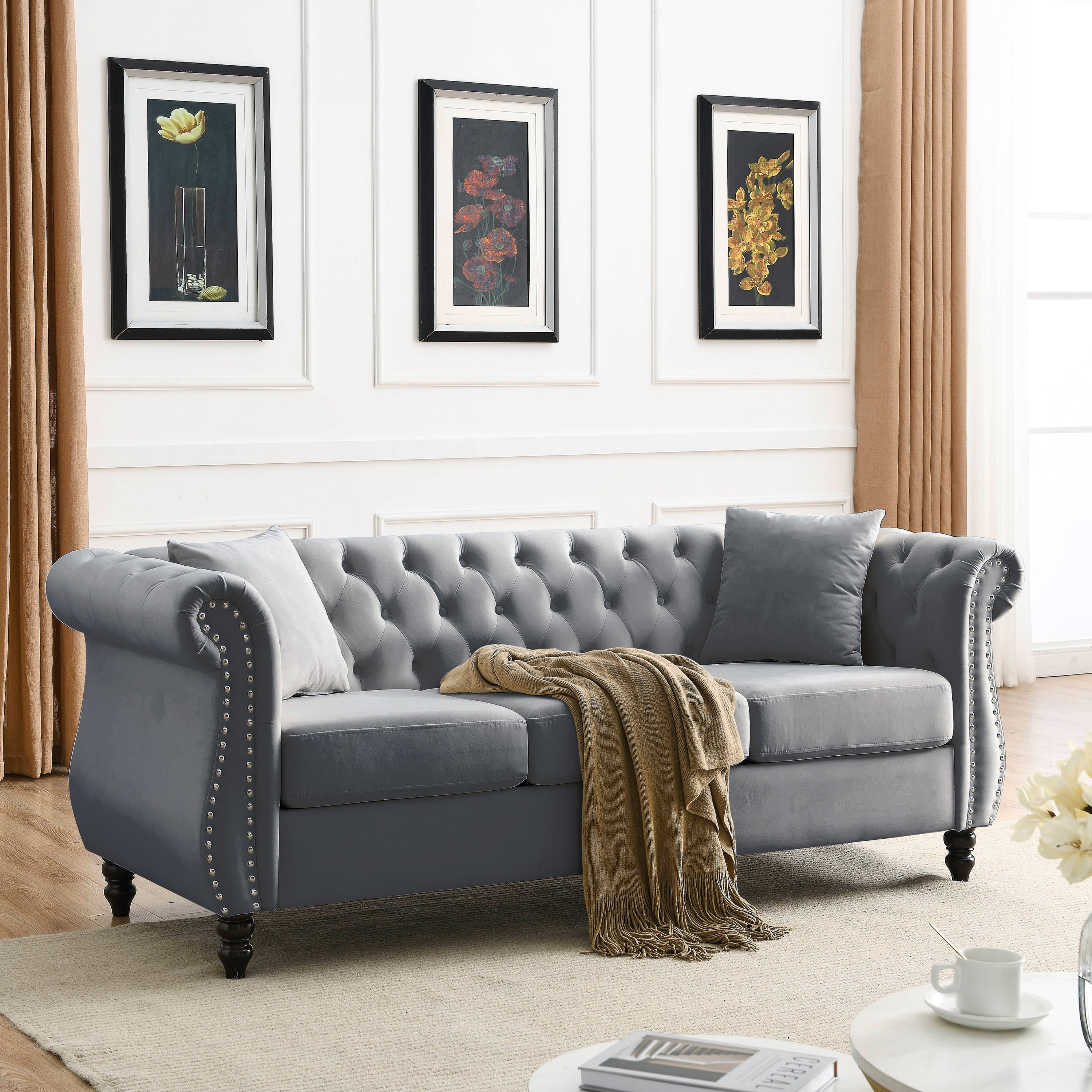 Nailhead Velvet Chesterfield 3-Seater Sofa