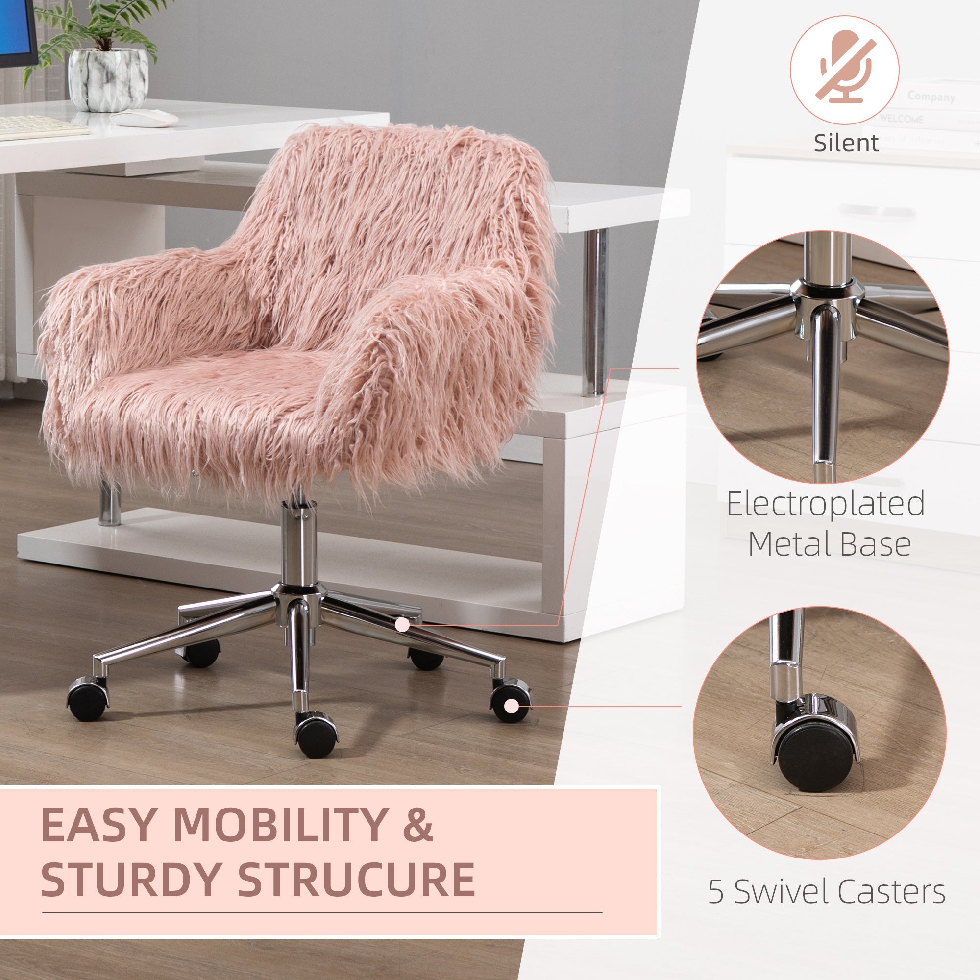 Faux Fur Desk Chair with Adjustable Height and Wheels