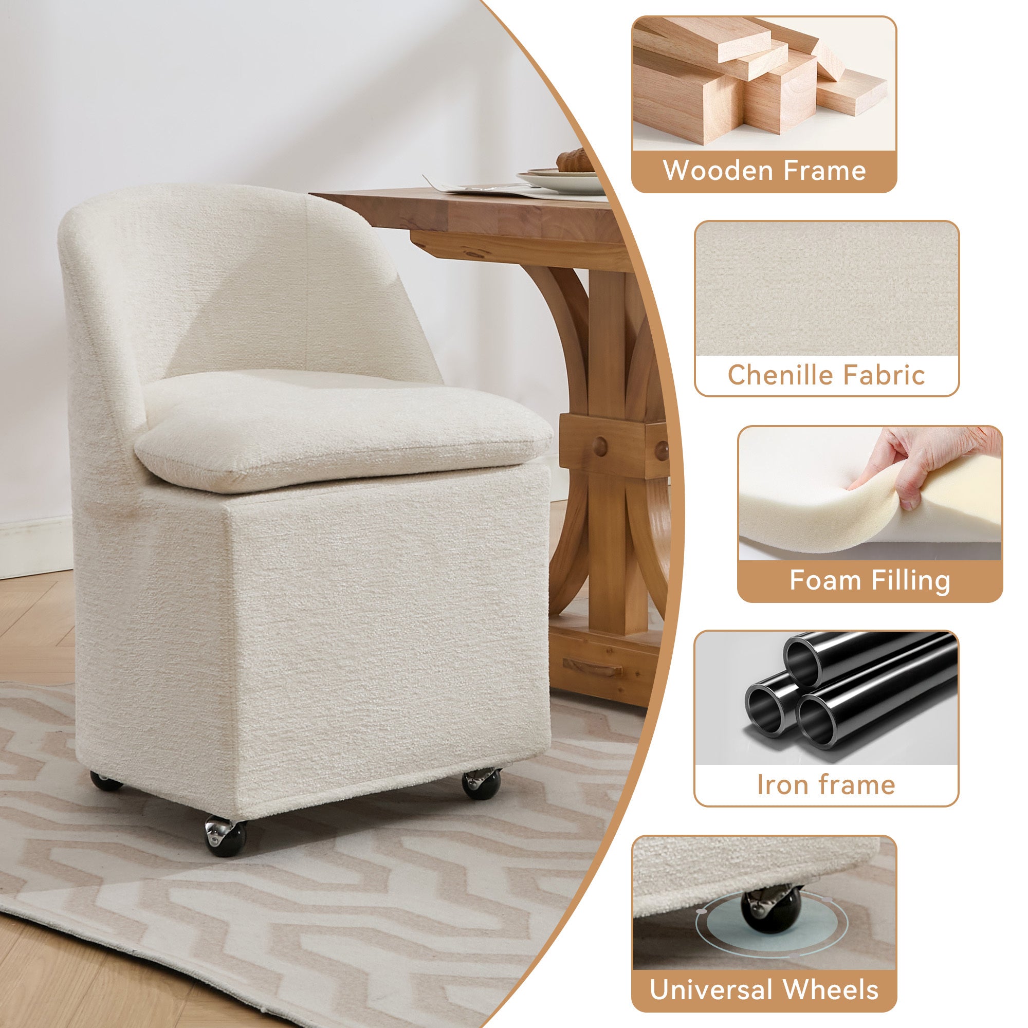 Greymont Chenille Upholstered Armless Dining Chairs With Wheels, Set of 2