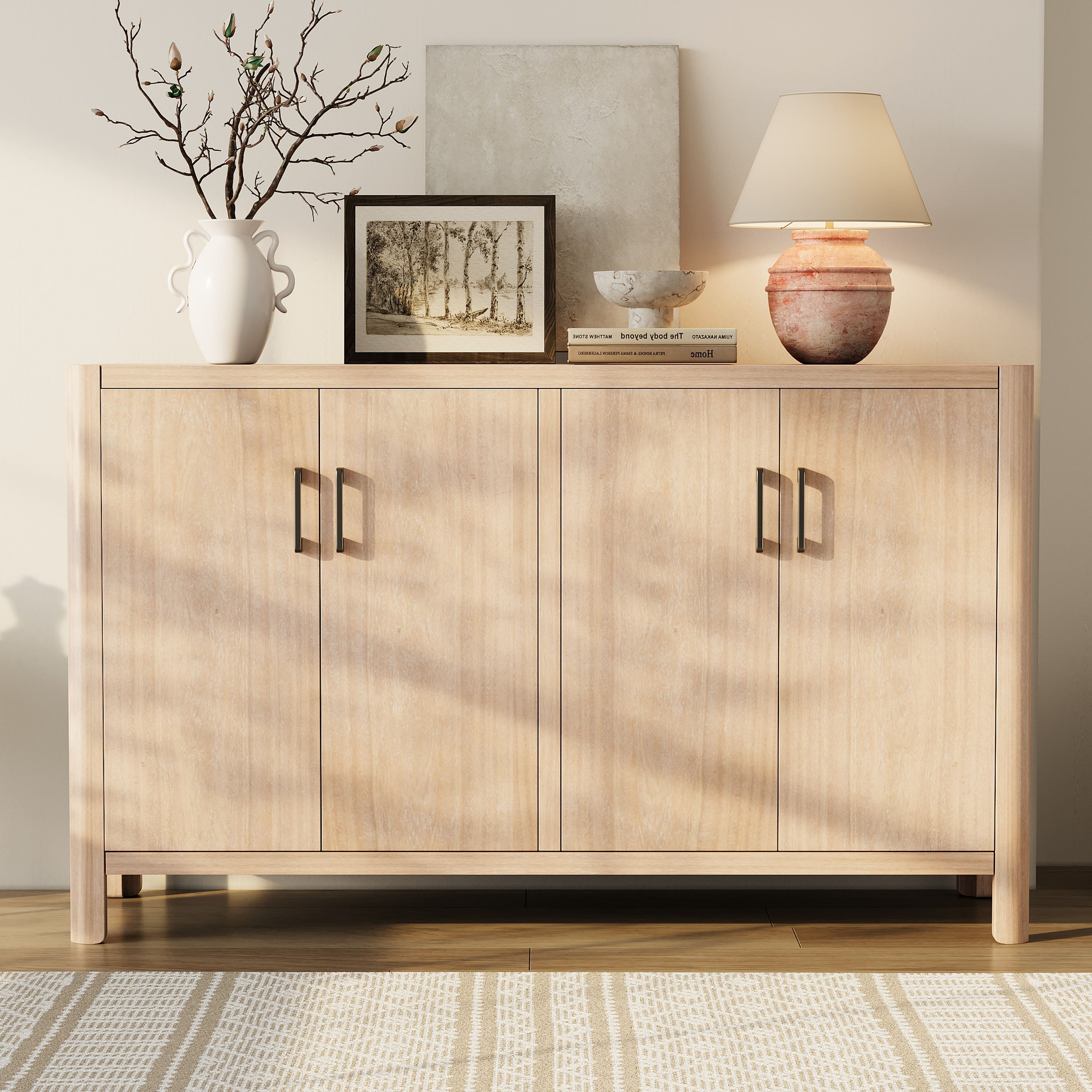 Farmhouse Style 4-Door Cabinet with Natural Distressed Finish