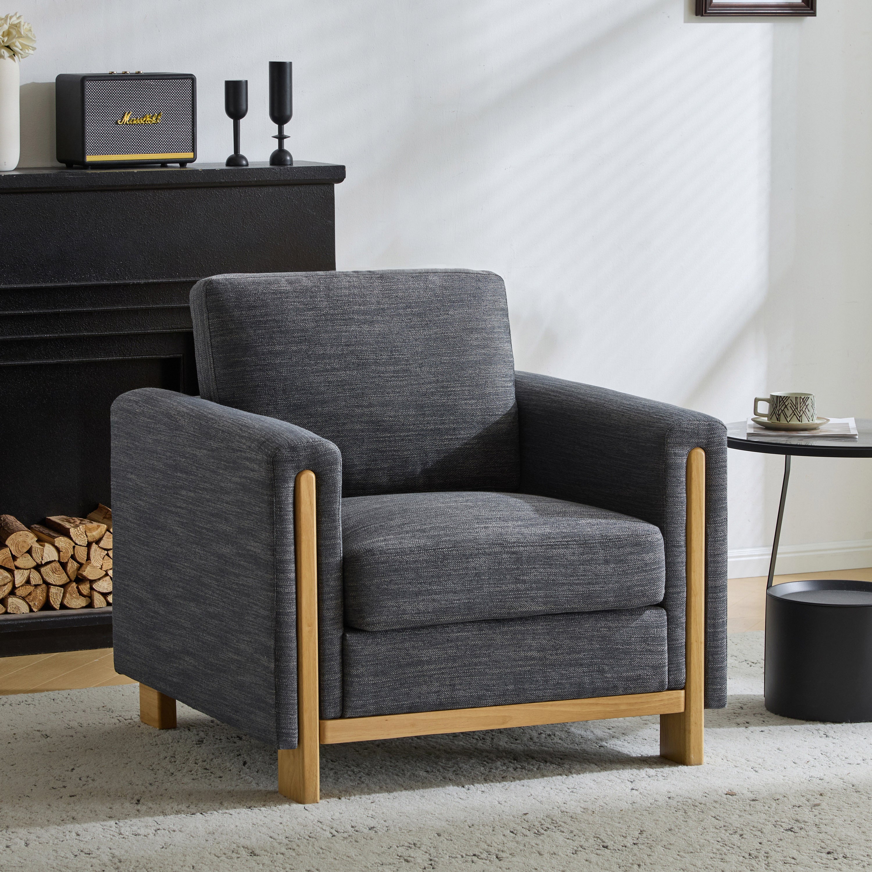 Harmonia Fabric Upholstered Accent Chair with Wood Accent