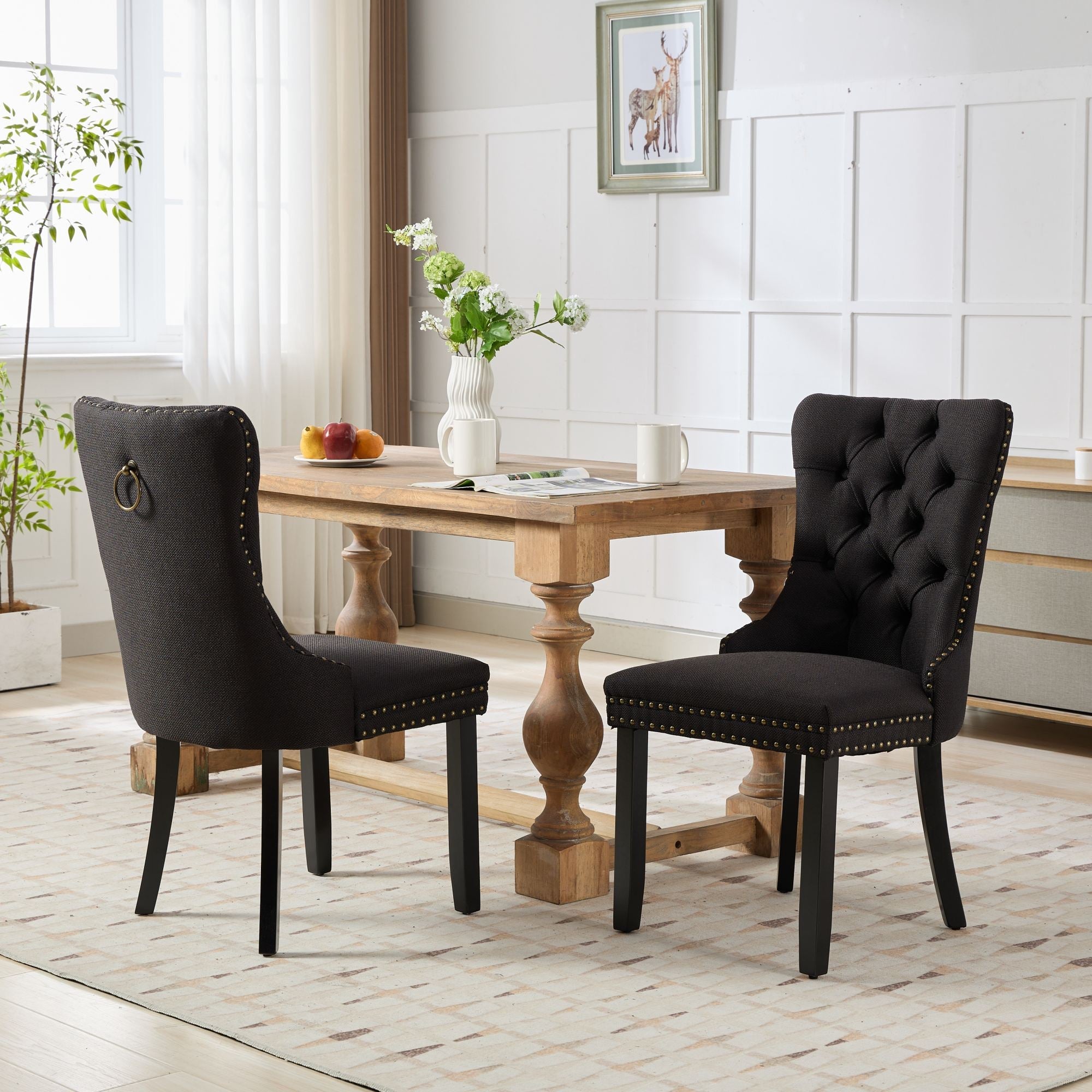 Rosewick Modern Tufted Linen Nailhead Trim Solid Wood Upholstered Dining Chair with Black Legs, Set of 2