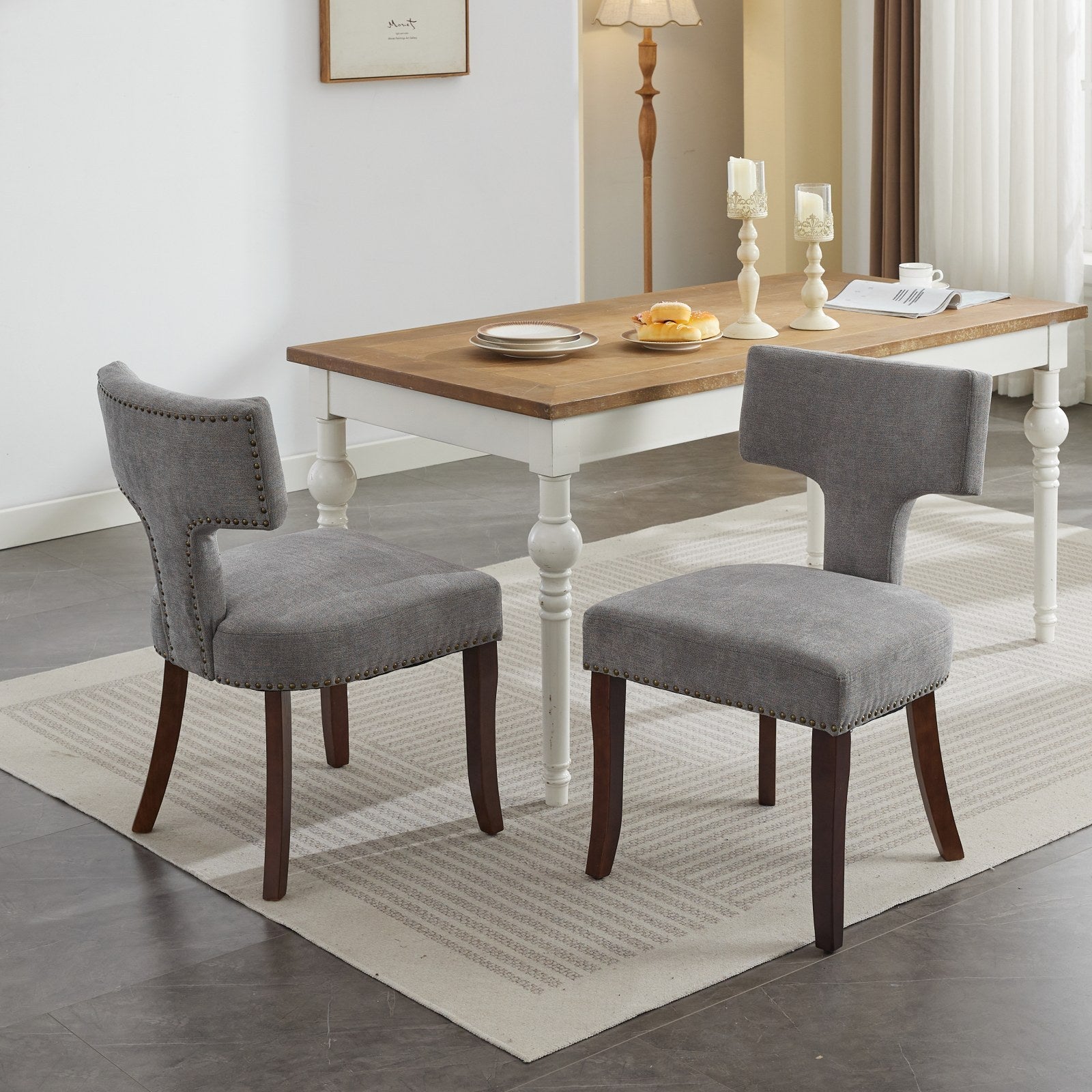 Mid Century Modern T-Back Dining Chairs with Nailhead Trim, Set of 2