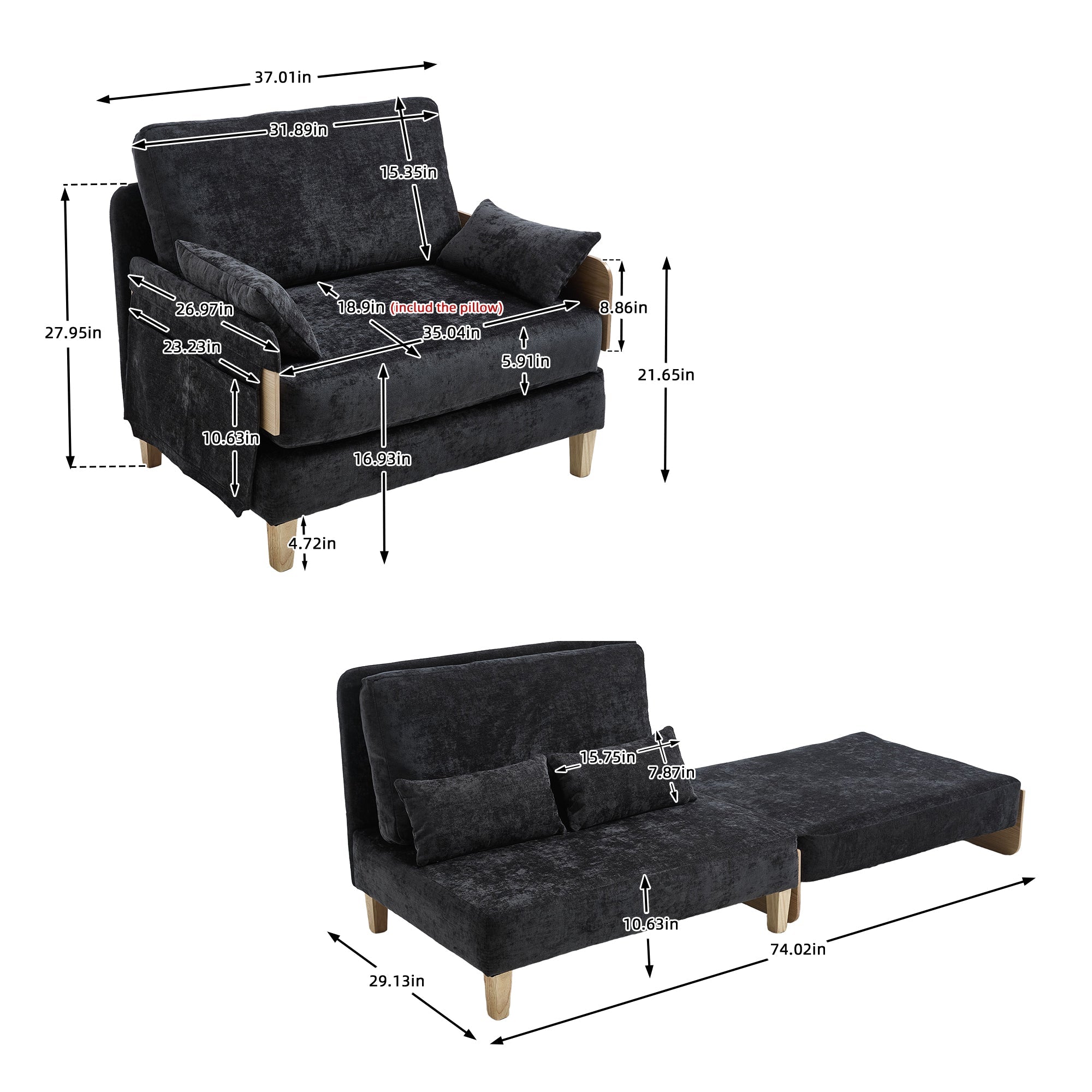 Mid-Century Modern Chenille Foldable Sofa Bed Recliner